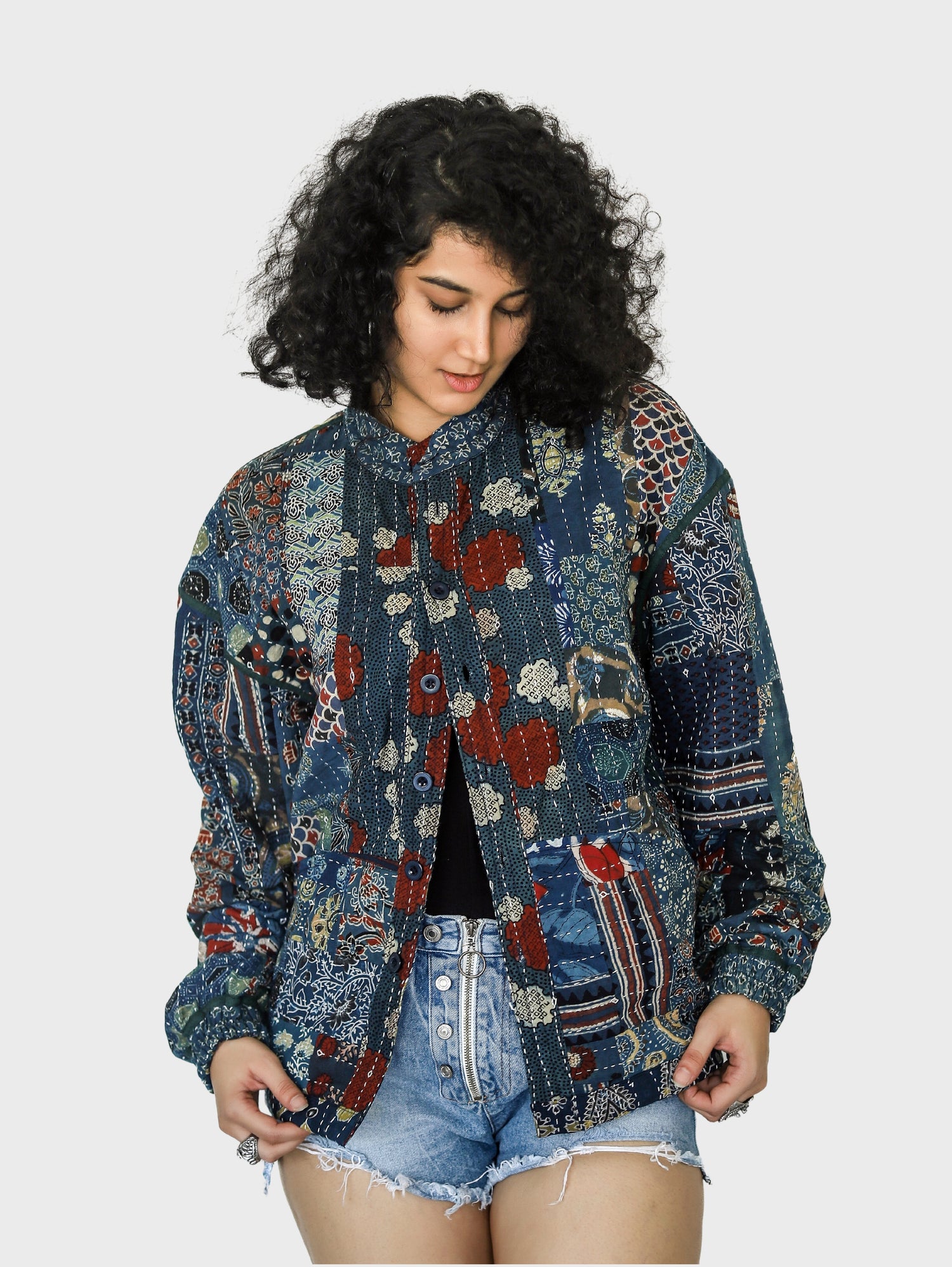 Nilakh Ajrakh Print Reversible Bomber Jacket