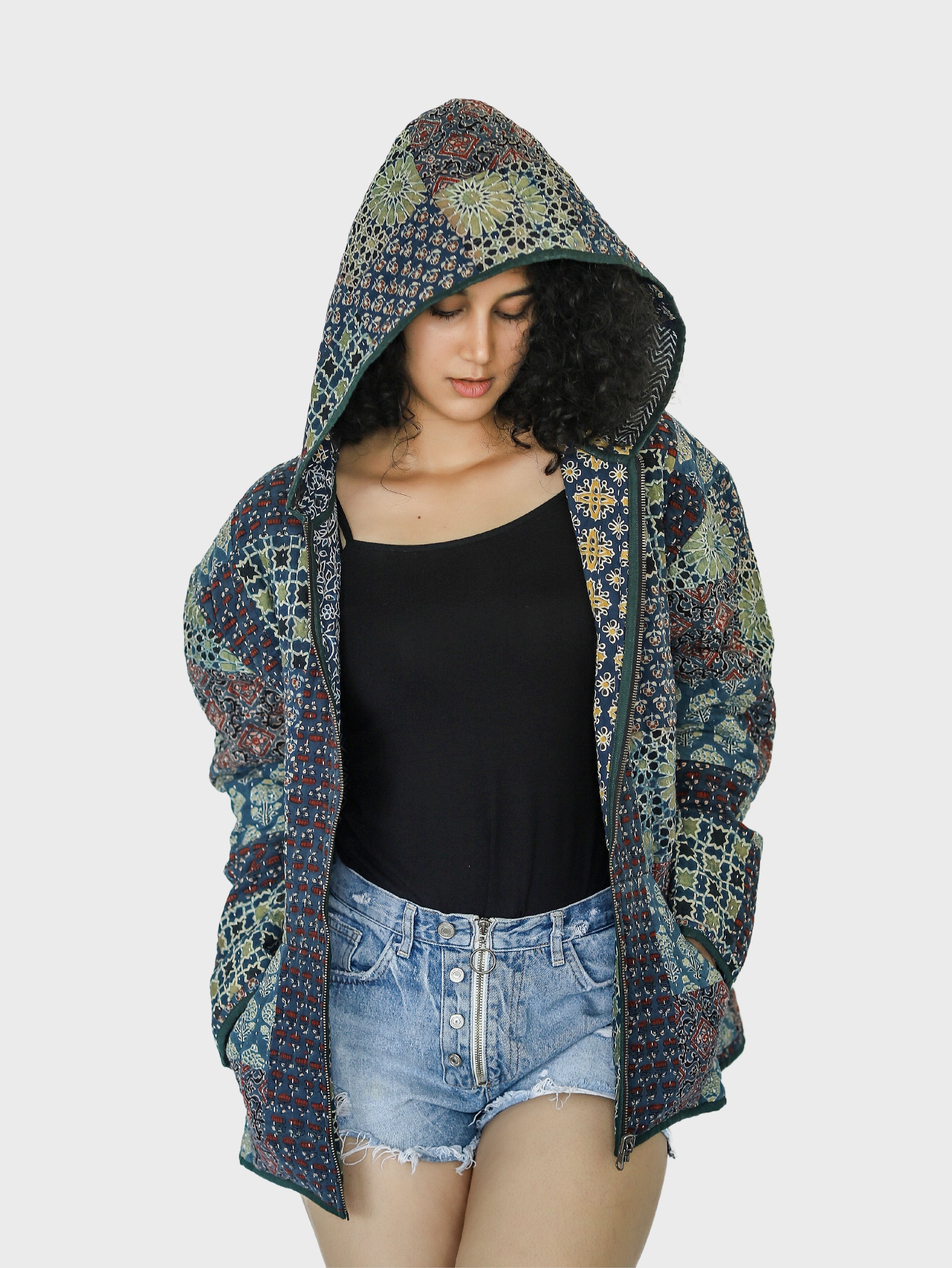 Vayu Ajrakh Print Reversible Hooded Jacket