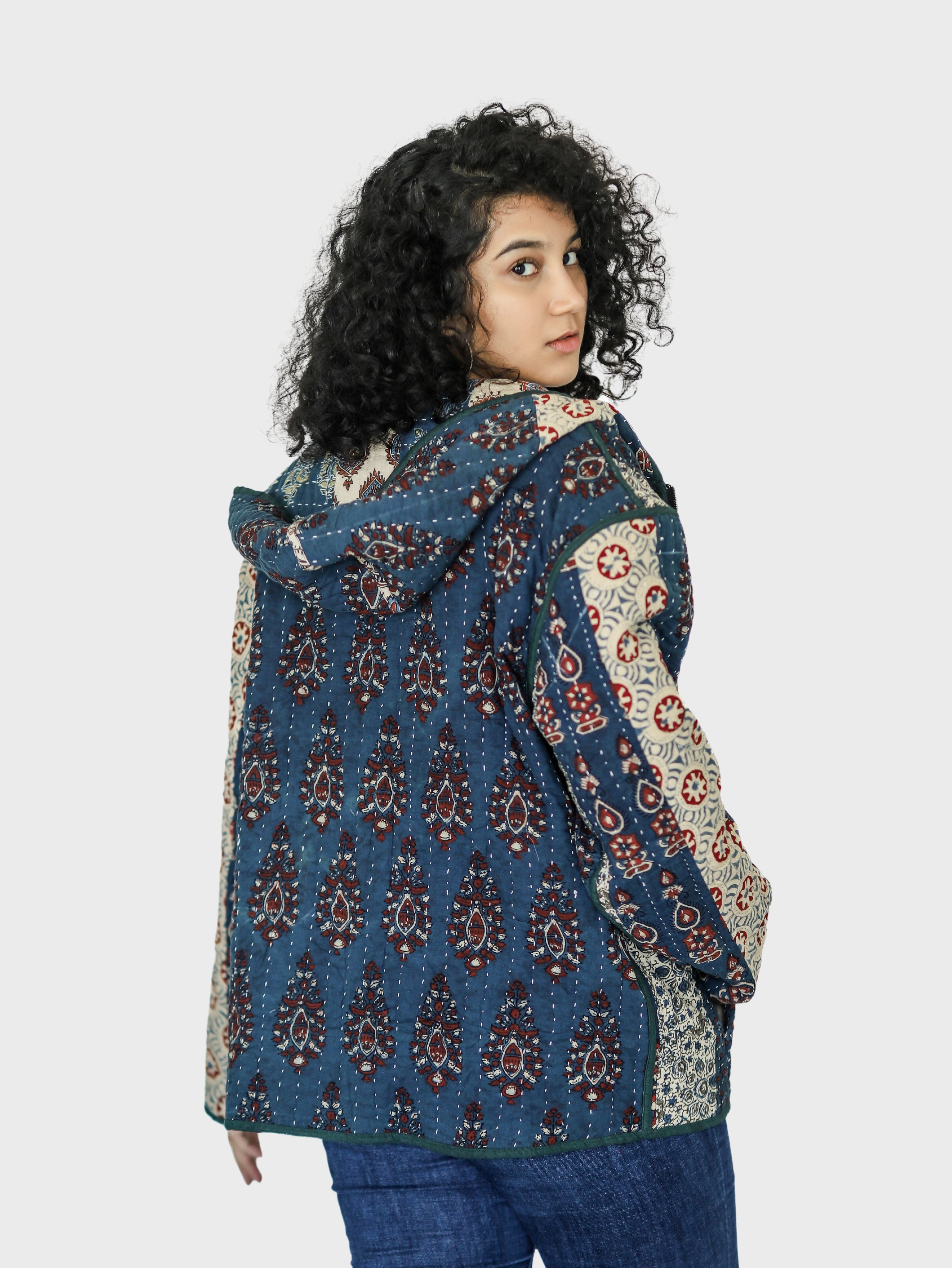 Raha Ajrakh Print Reversible Hooded Jacket