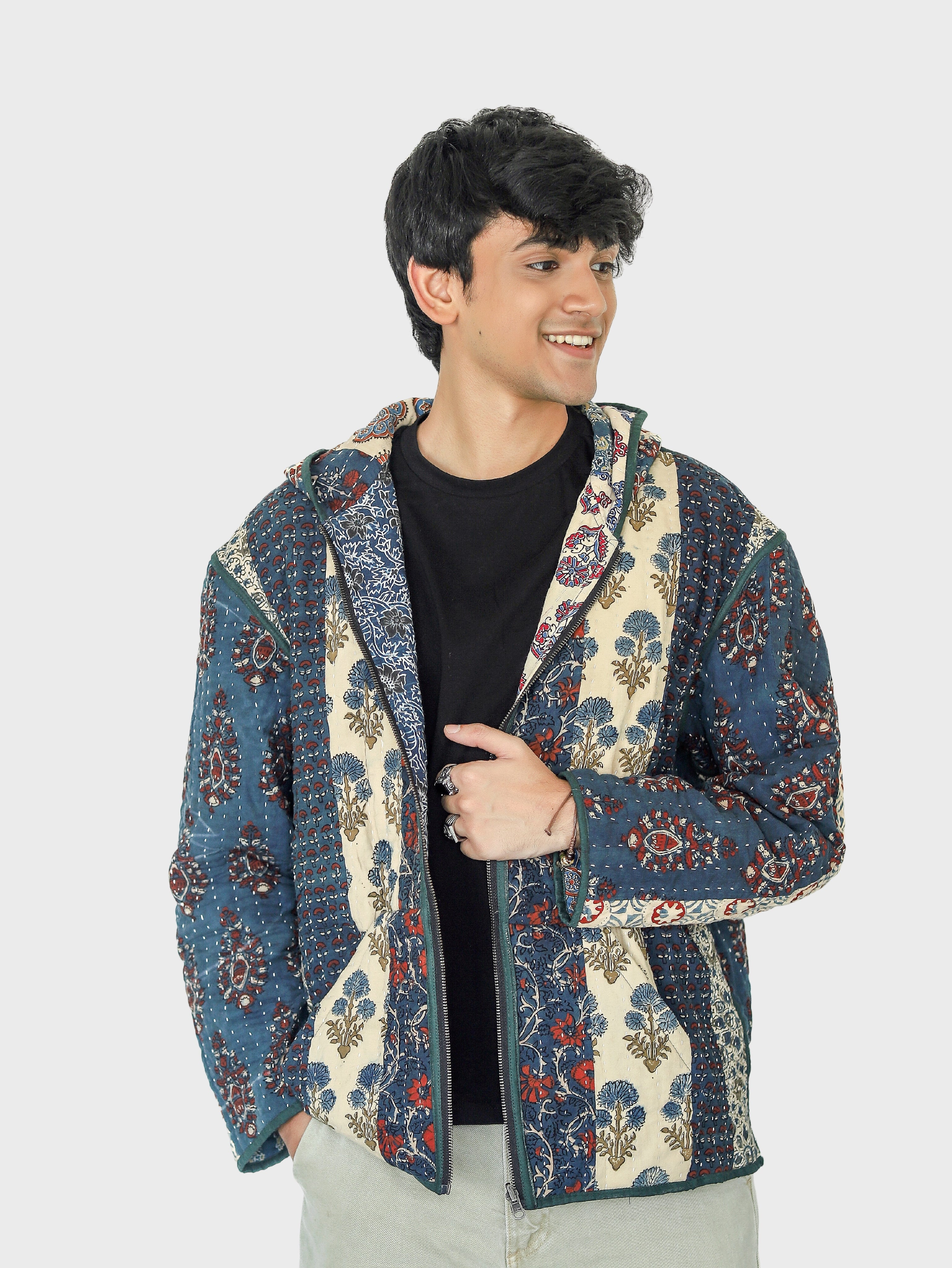 Raha Ajrakh Print Reversible Hooded Jacket