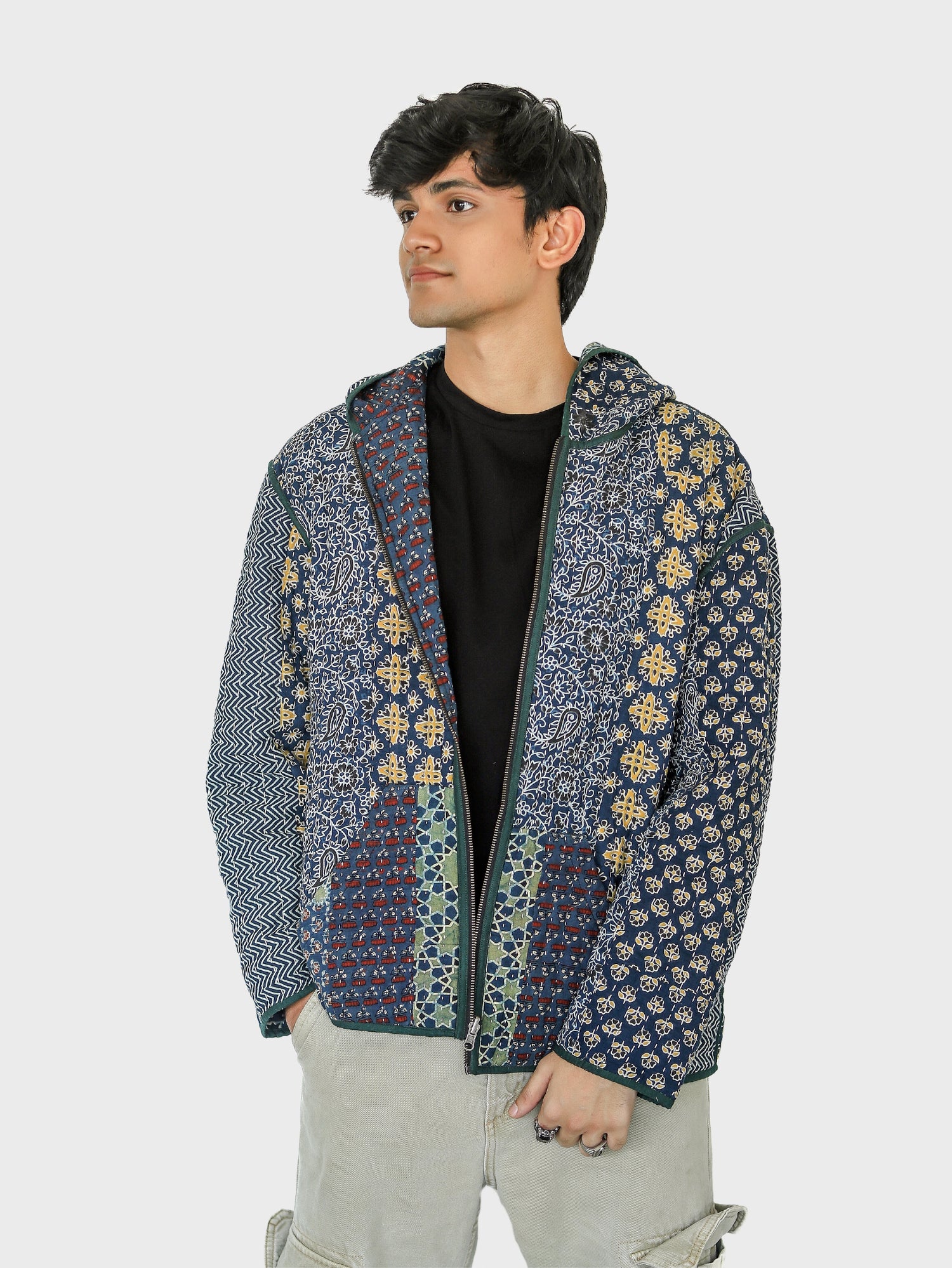 Vayu Ajrakh Print Reversible Hooded Jacket