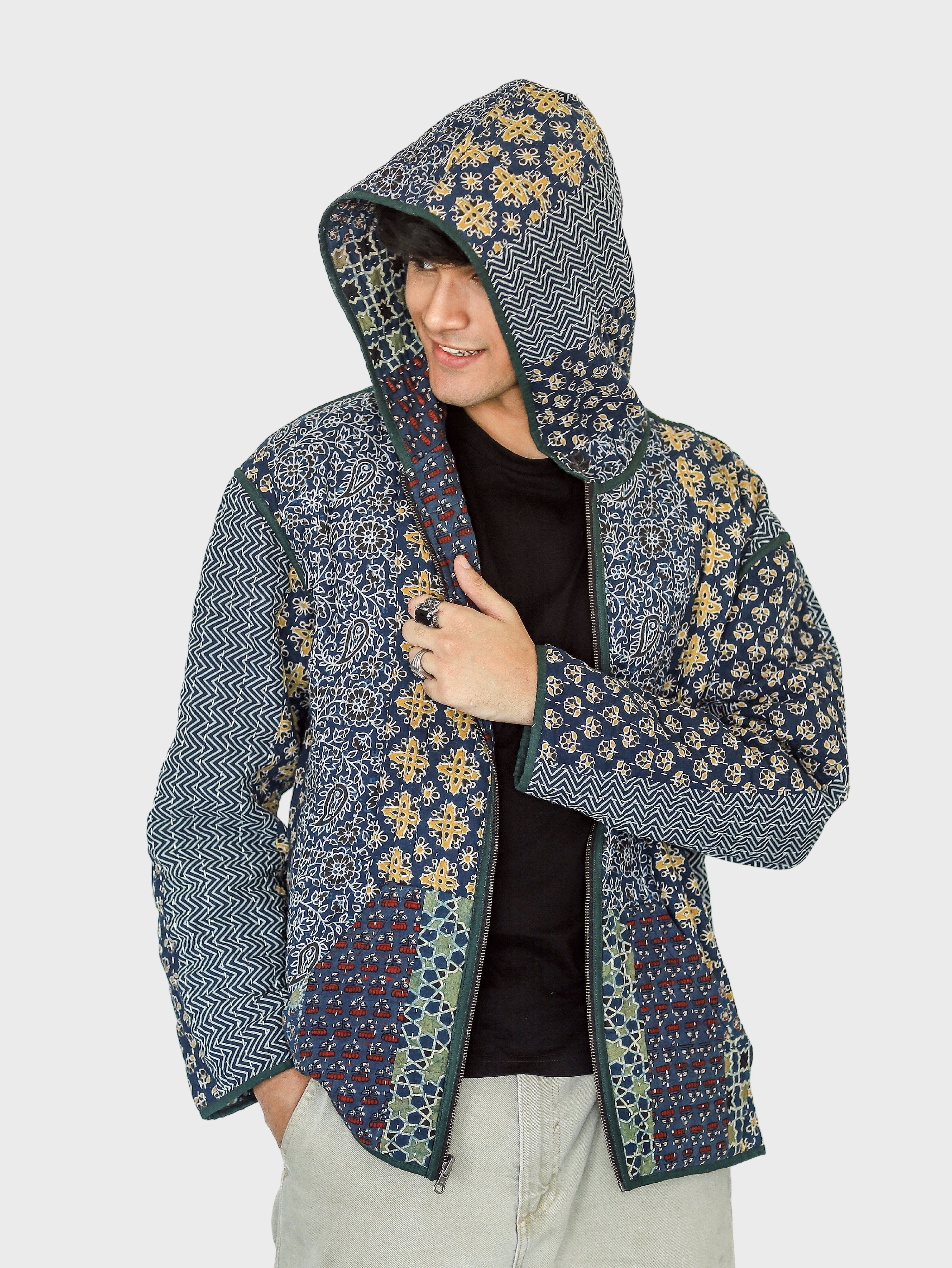 Vayu Ajrakh Print Reversible Hooded Jacket