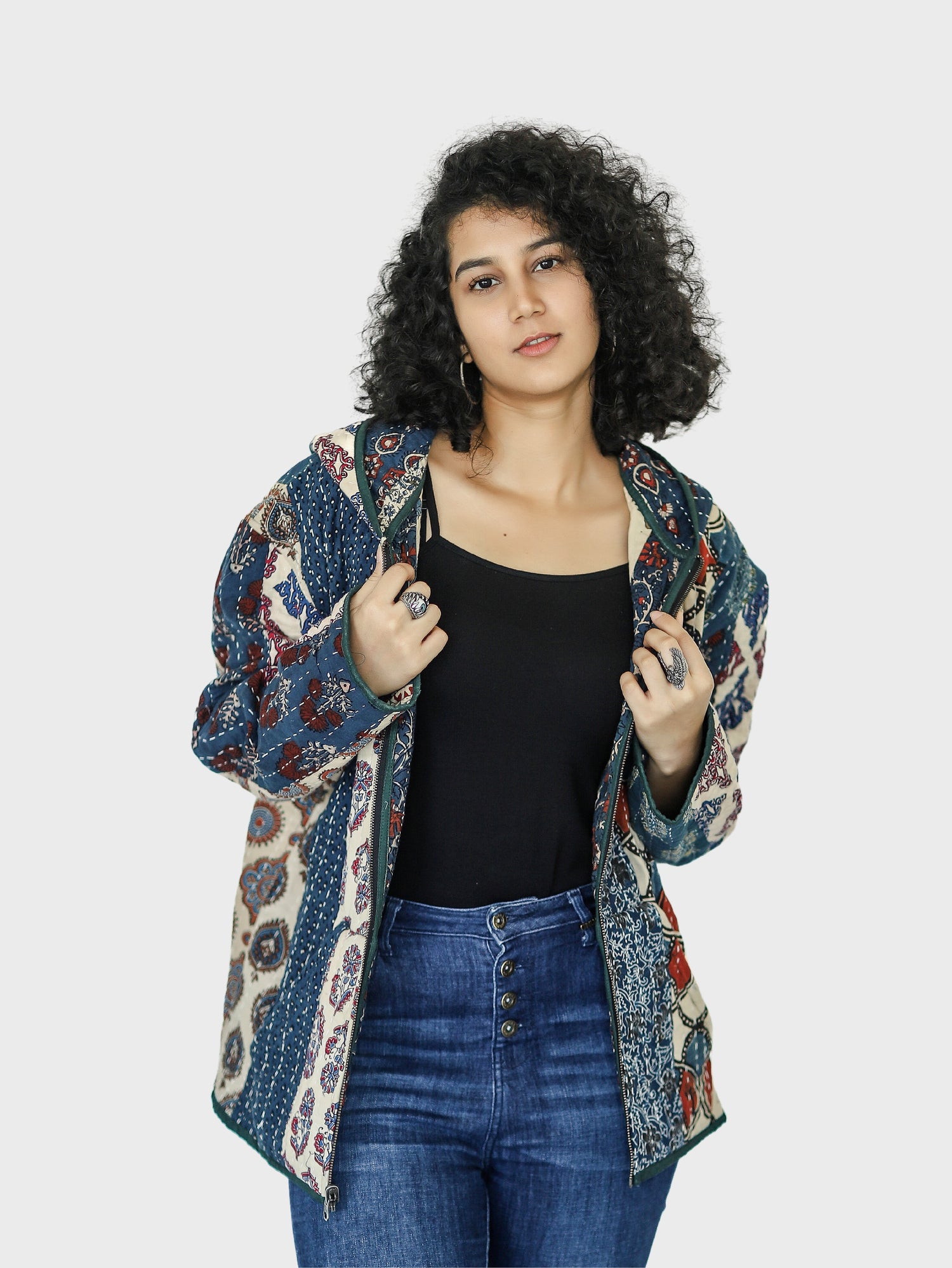 Raha Ajrakh Print Reversible Hooded Jacket