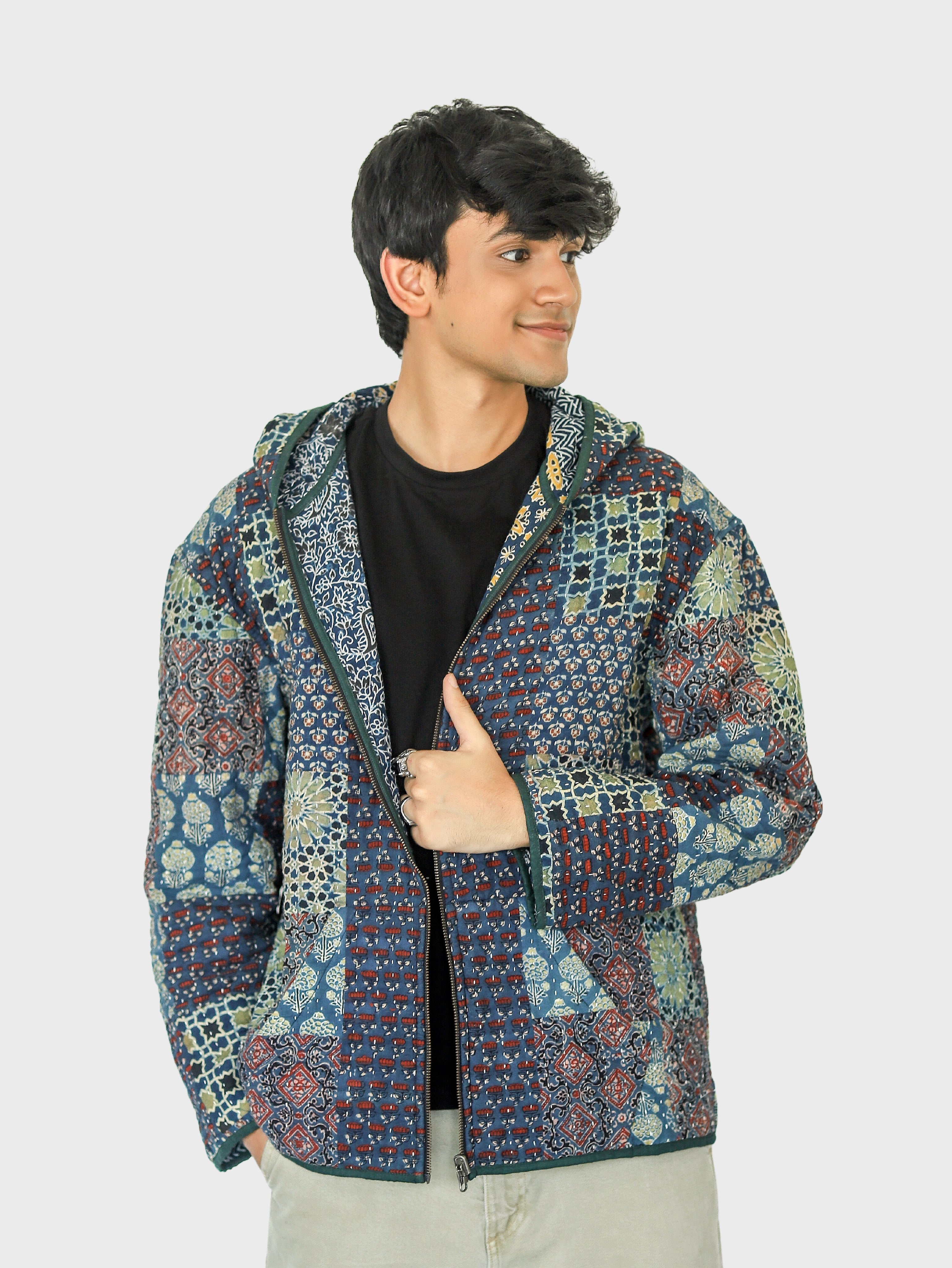 Vayu Ajrakh Print Reversible Hooded Jacket