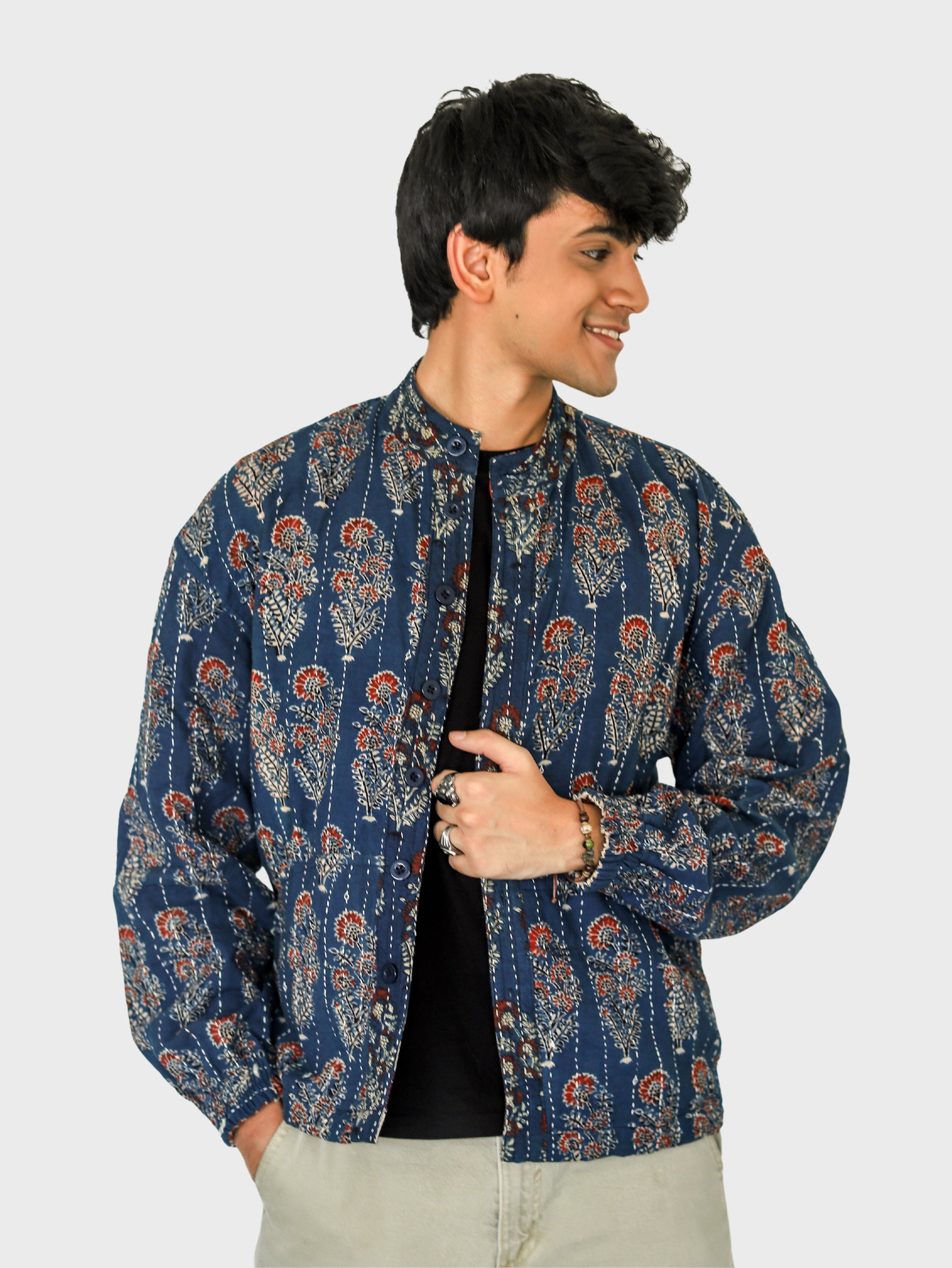 Dhara Ajrakh Print Reversible Bomber Jacket