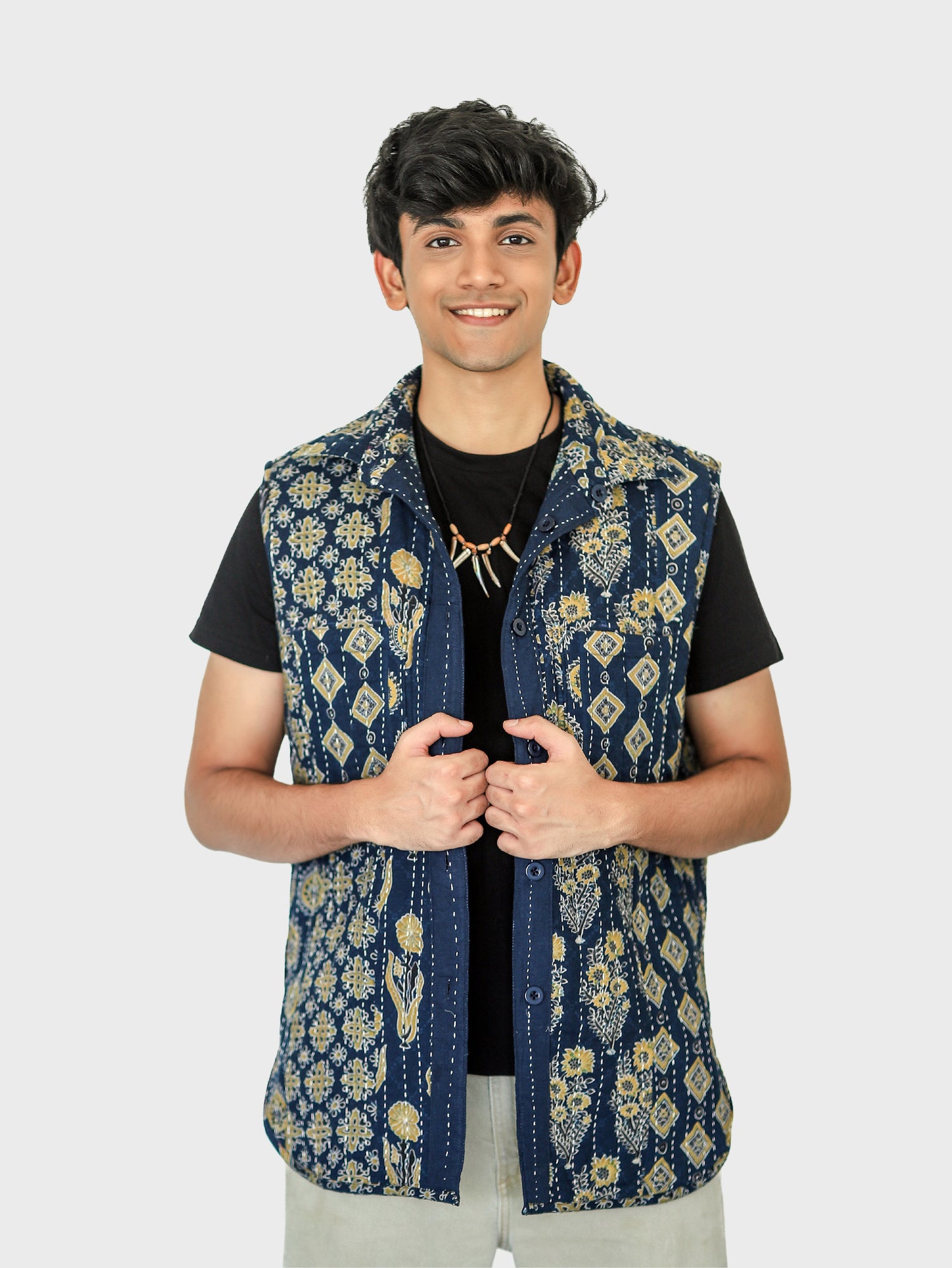 Qala Ajrakh Print Reversible Sleeveless Jacket