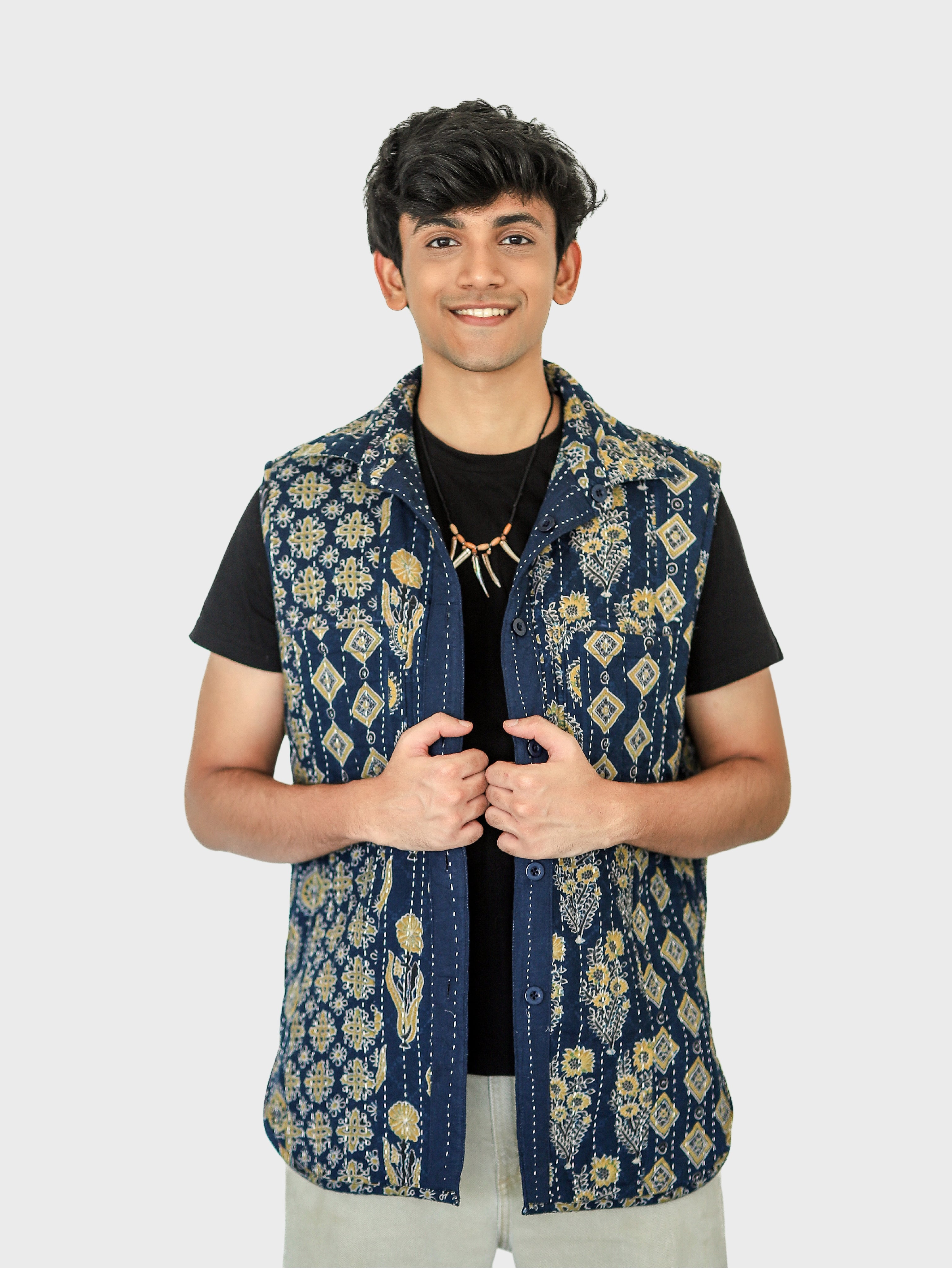 Qala Ajrakh Print Reversible Sleeveless Jacket