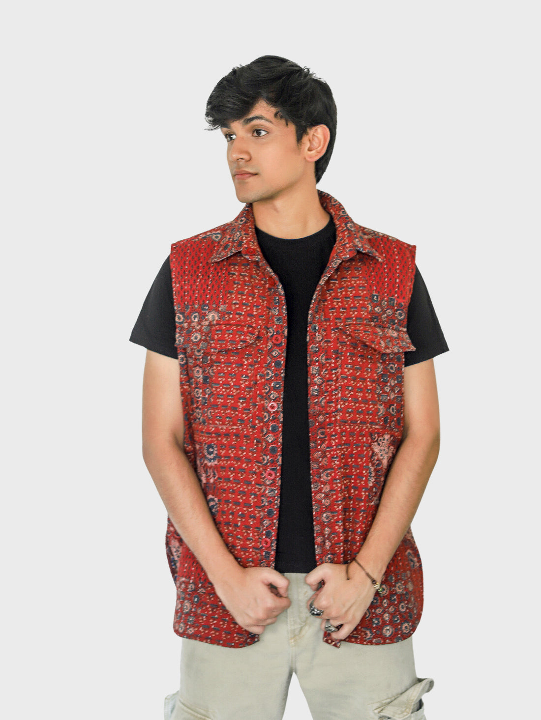 Geru Ajrakh Print Reversible Sleeveless Jacket