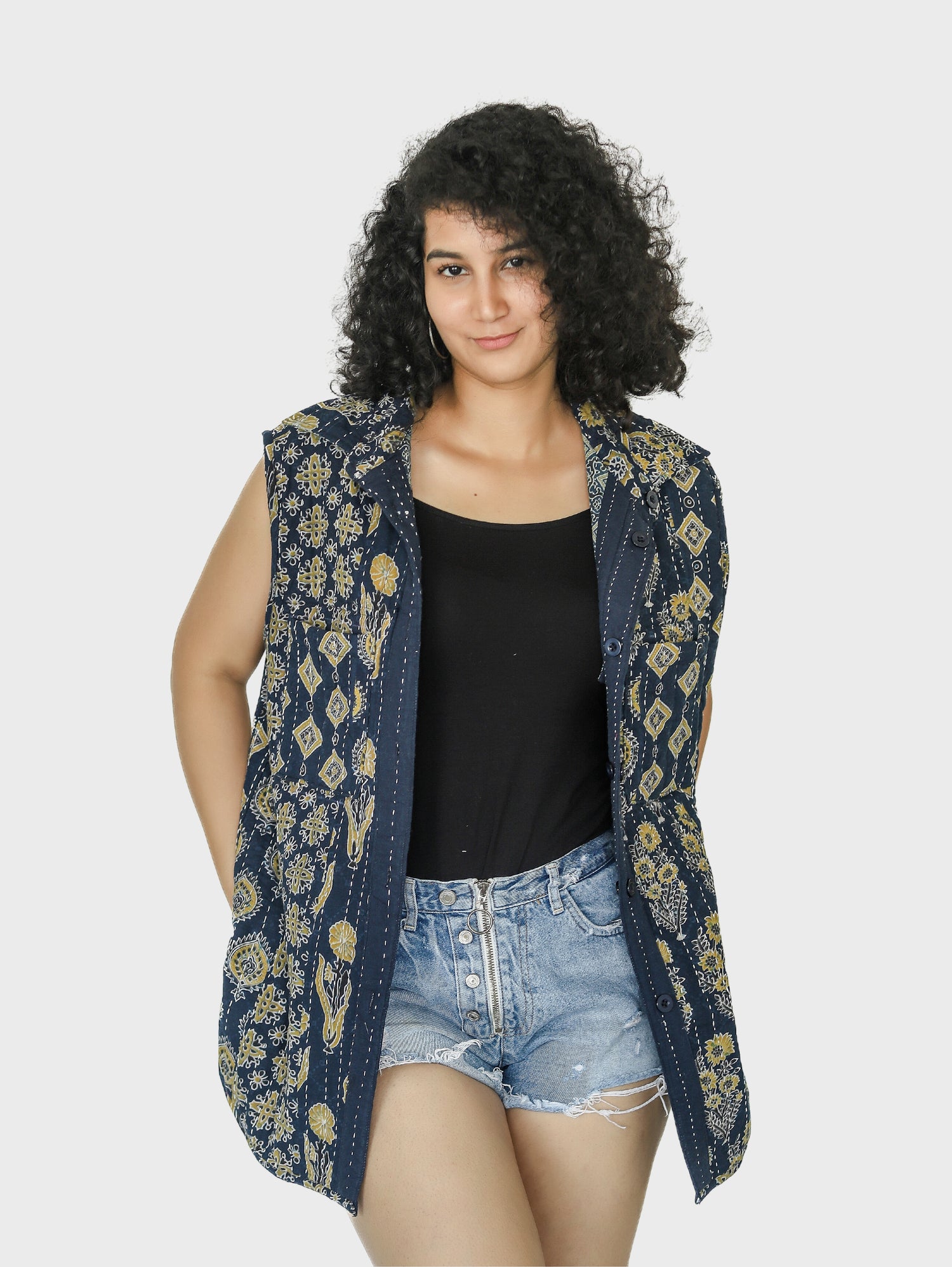 Qala Ajrakh Print Reversible Sleeveless Jacket