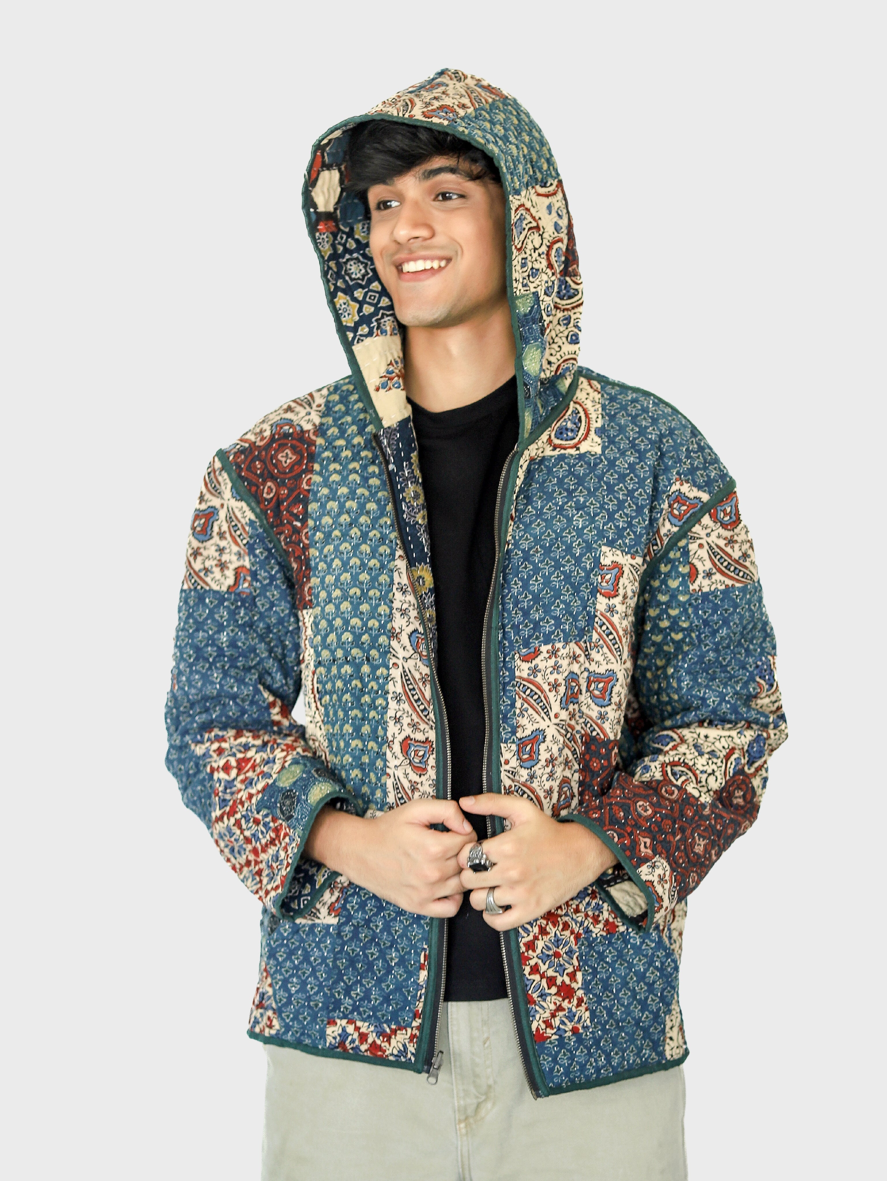 Kubha Ajrakh Print Reversible Hooded Jacket