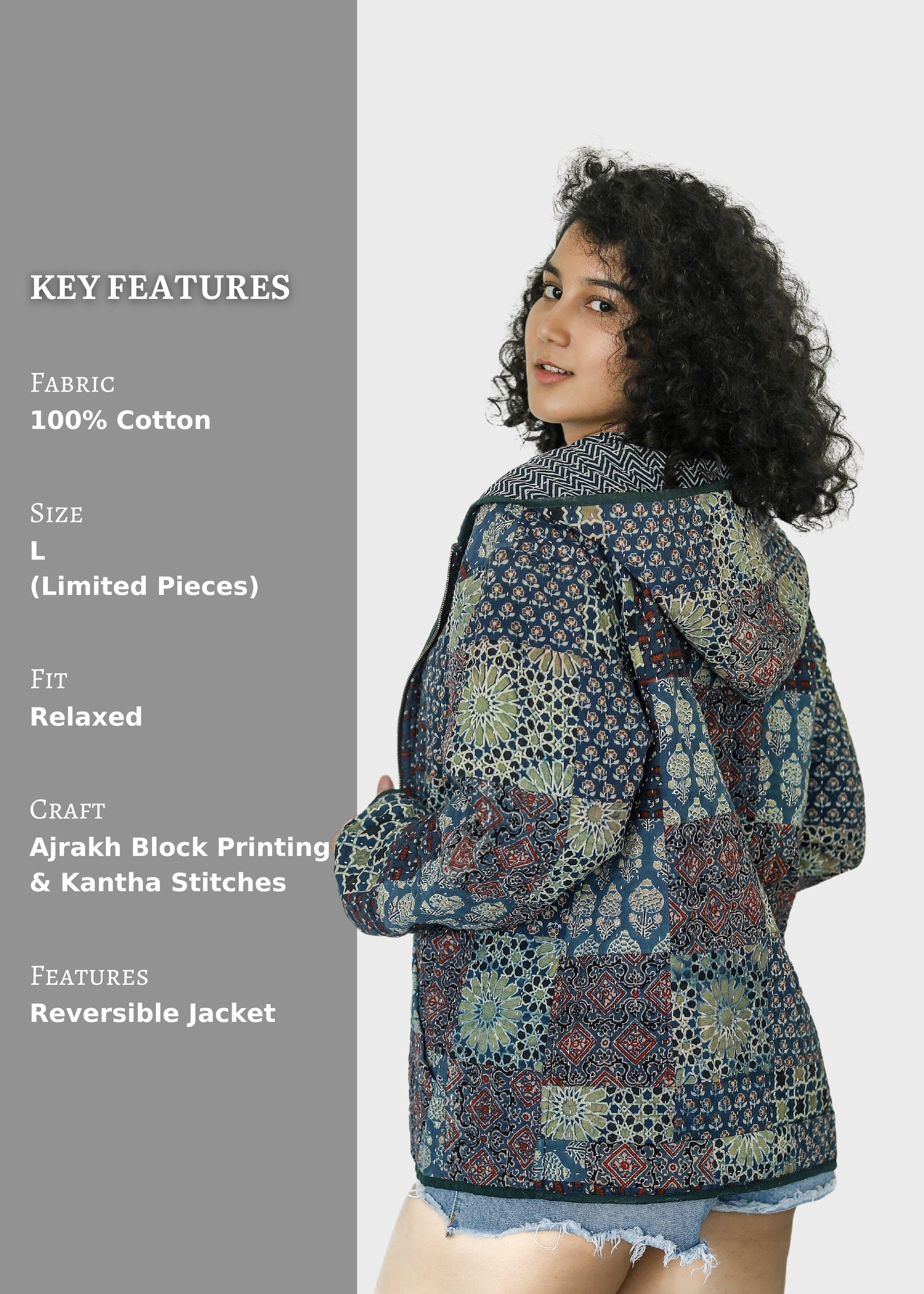 Vayu Ajrakh Print Reversible Hooded Jacket