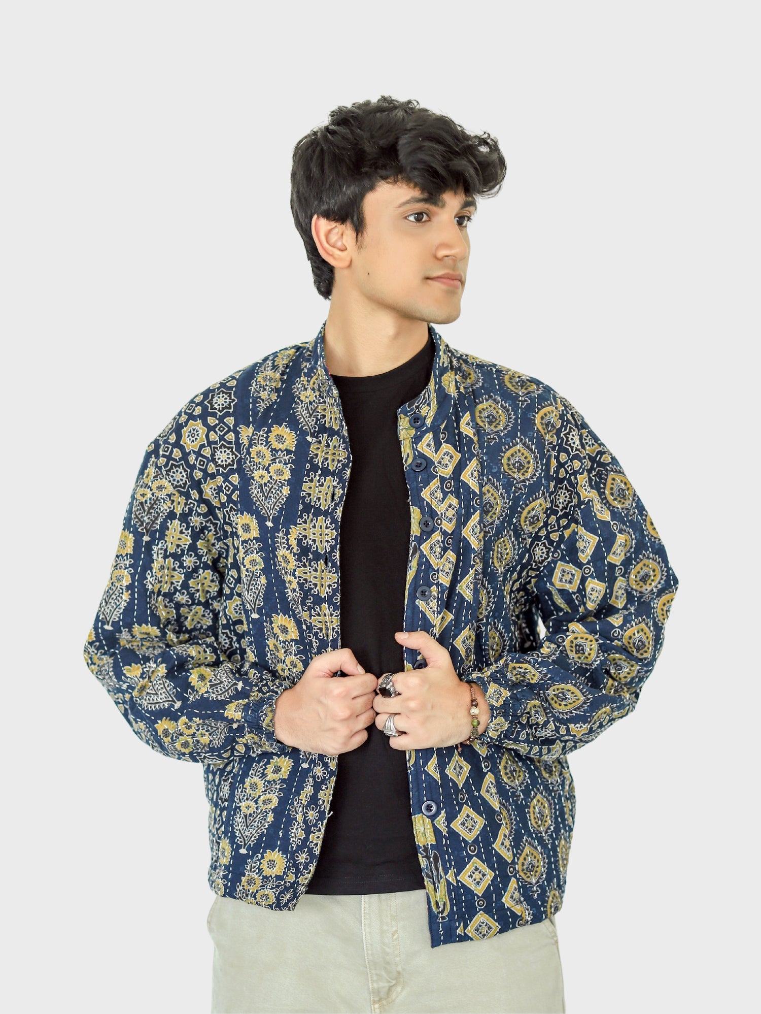 Nilakh Ajrakh Print Reversible Bomber Jacket