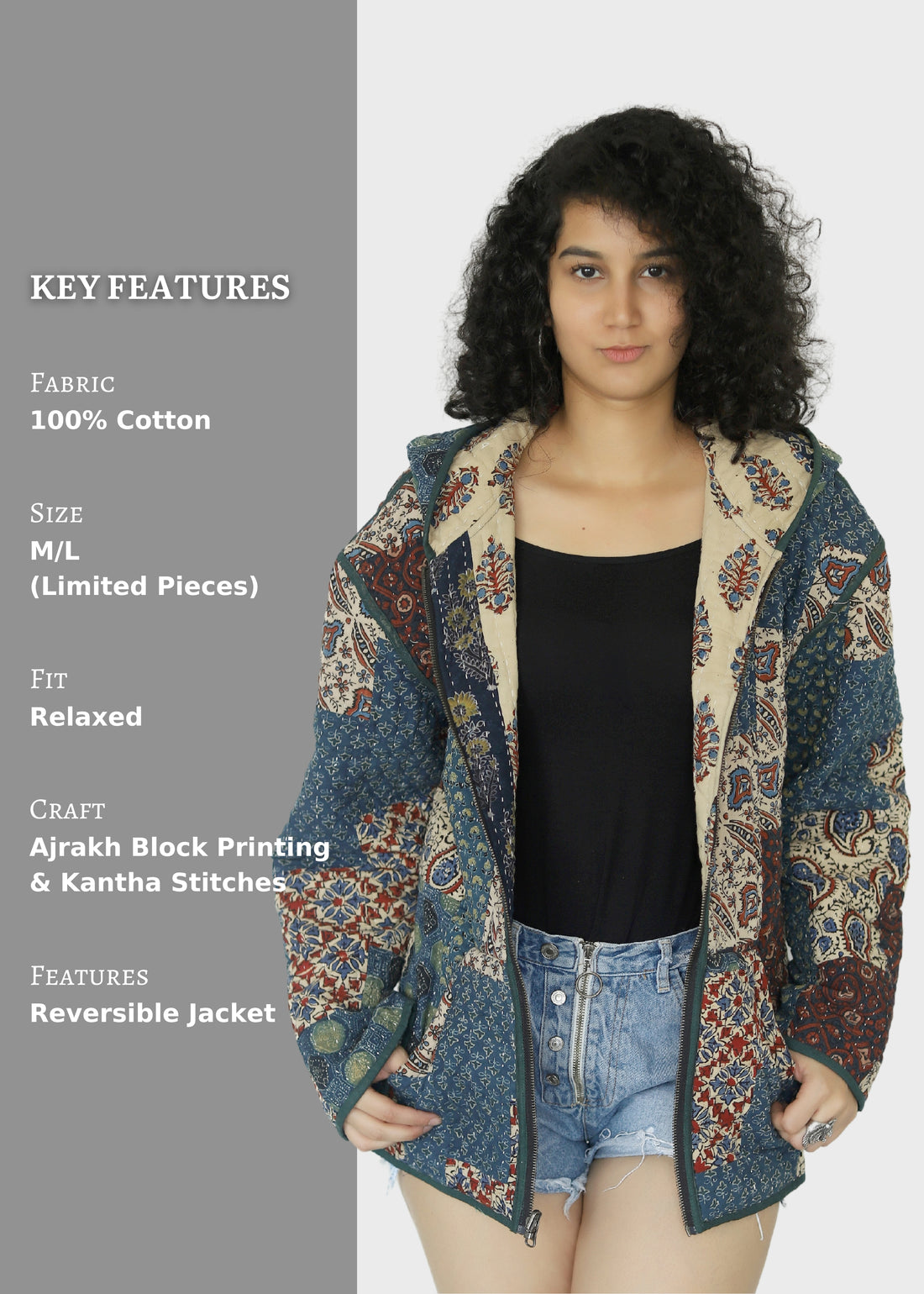 Kubha Ajrakh Print Reversible Hooded Jacket