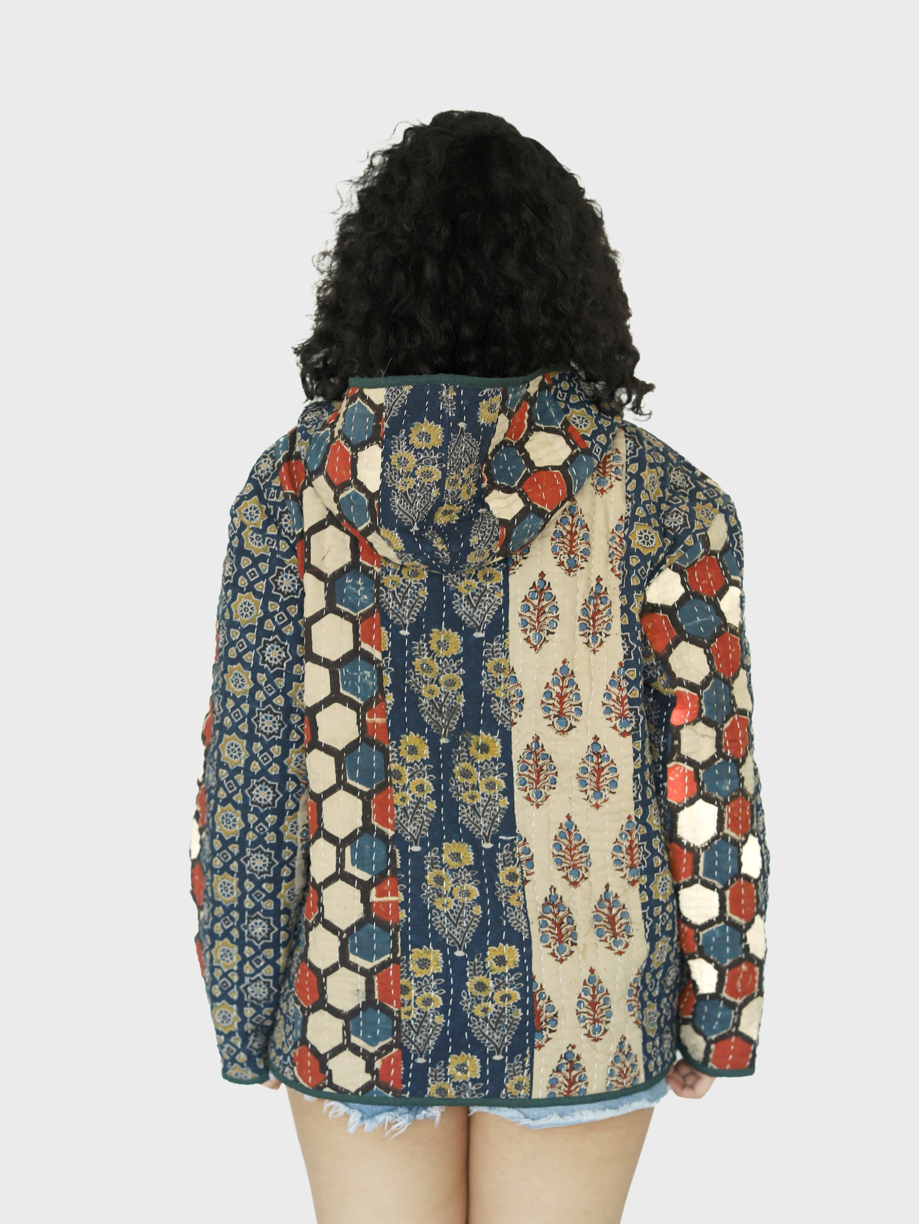 Kubha Ajrakh Print Reversible Hooded Jacket