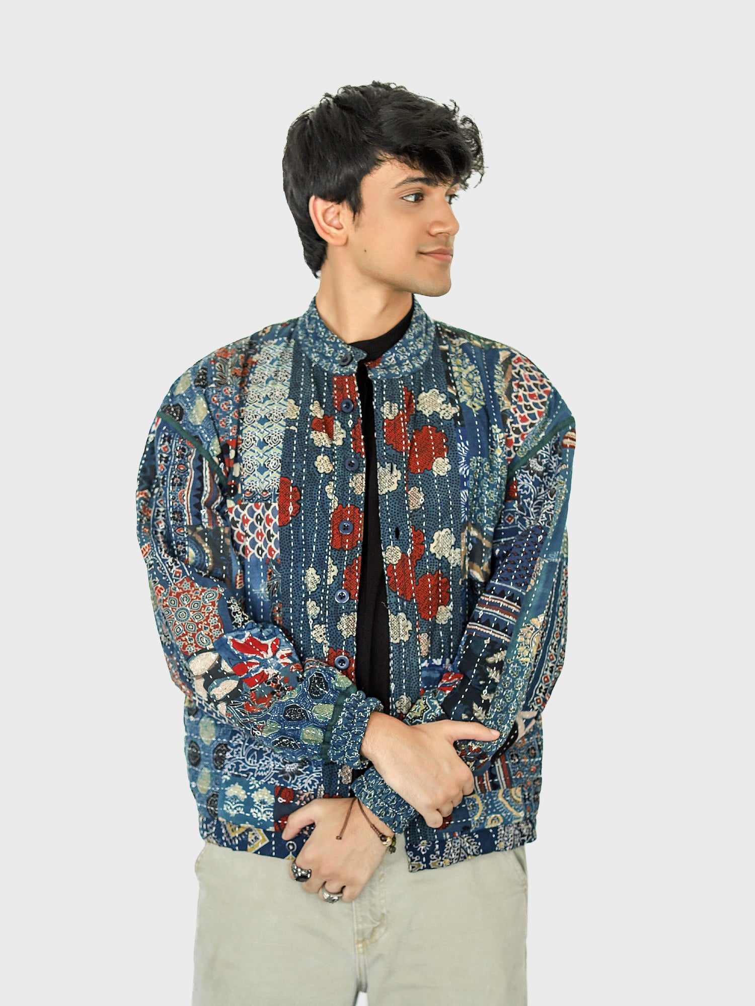 Nilakh Ajrakh Print Reversible Bomber Jacket