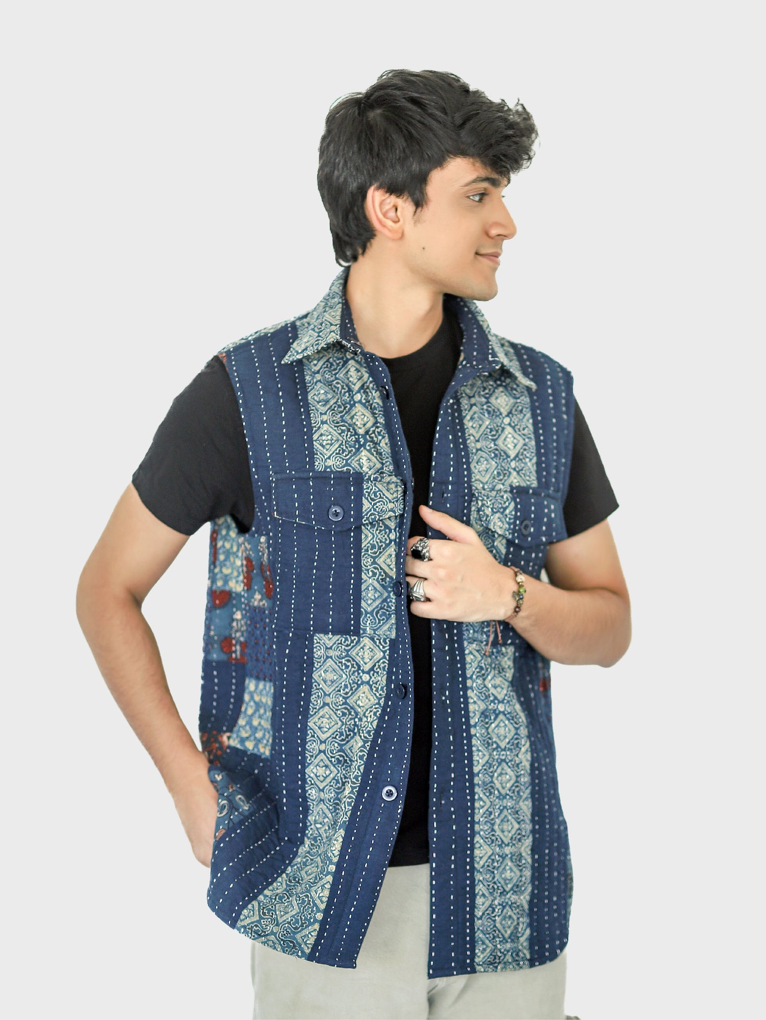 Qala Ajrakh Print Reversible Sleeveless Jacket