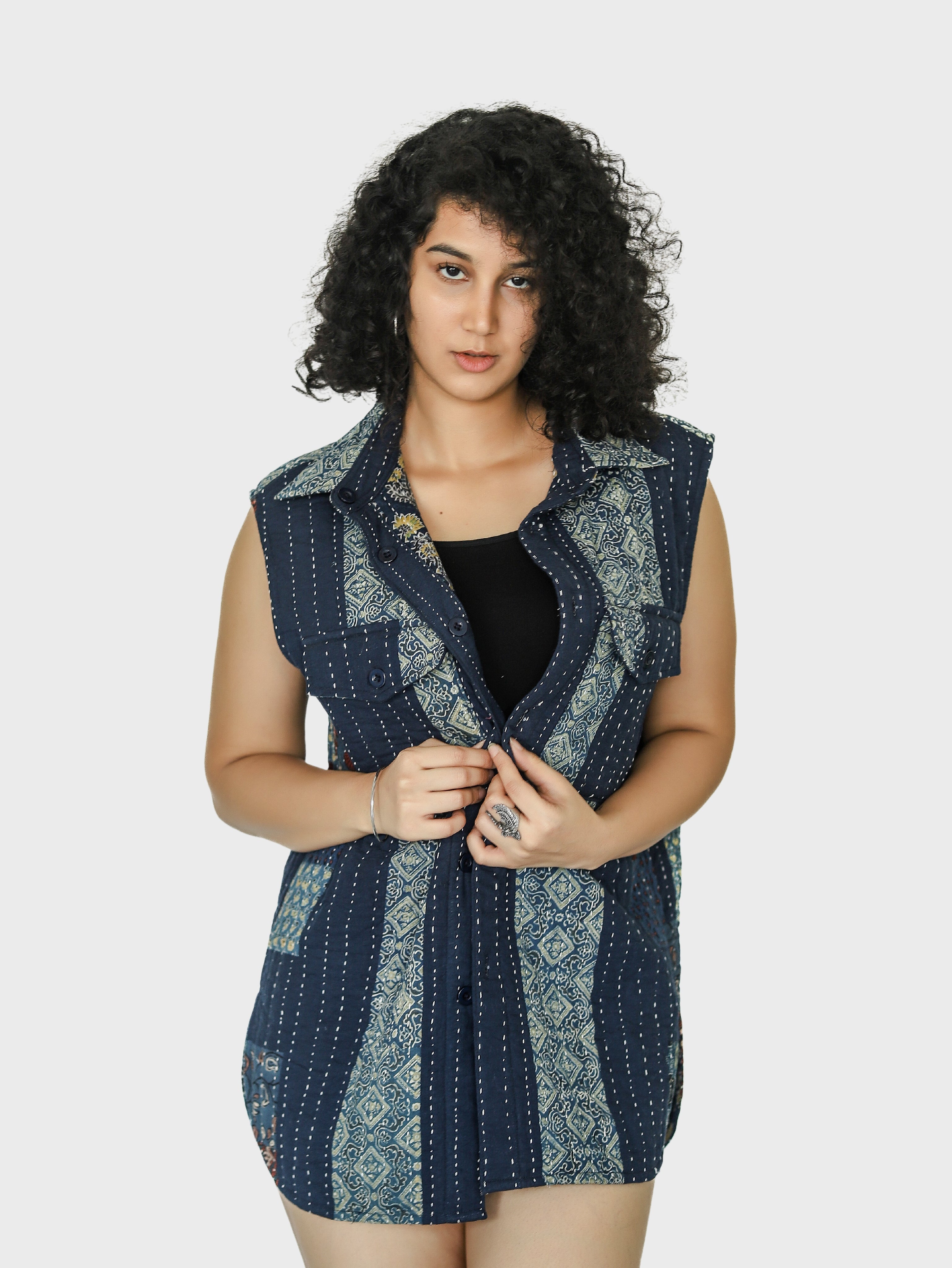 Qala Ajrakh Print Reversible Sleeveless Jacket