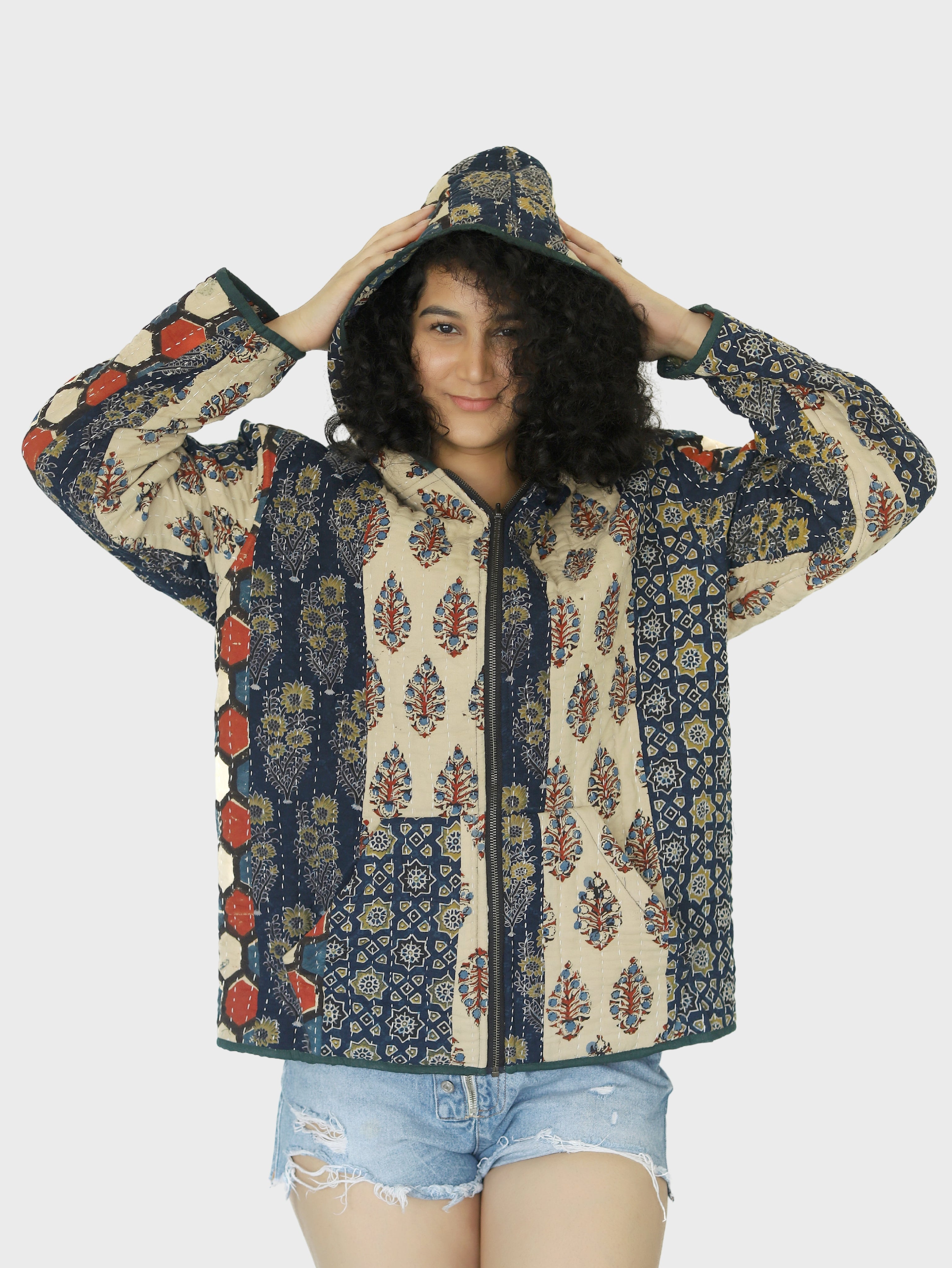 Kubha Ajrakh Print Reversible Hooded Jacket