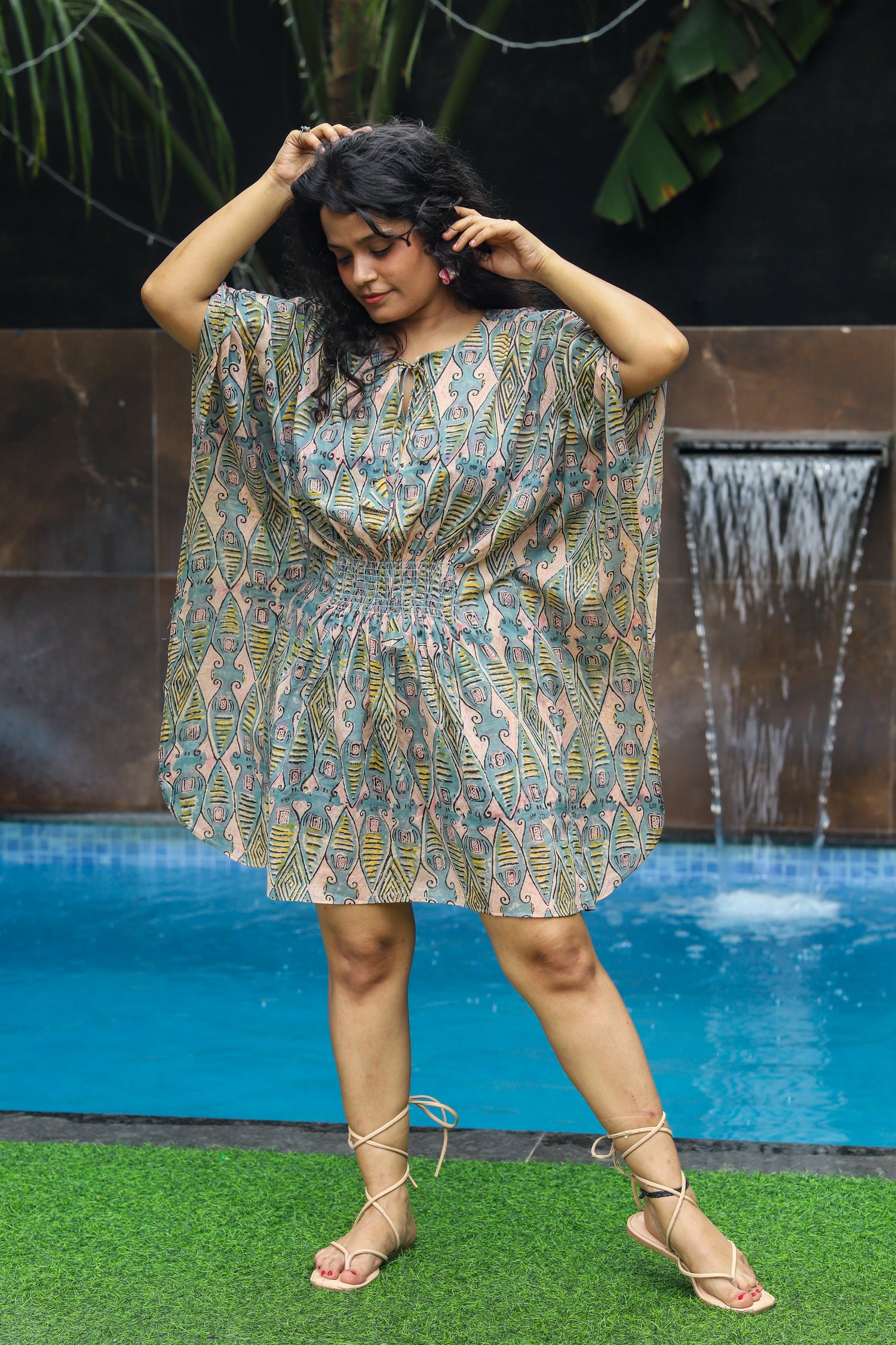 &quot;Matsya handblock printed short kaftan dress with intricate fish motif design, made from soft cotton, perfect for casual summer wear by CULTURE KRAFT.&quot;