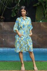 “Pallav handblock printed kaftan shirt dress in elegant floral patterns, featuring a relaxed fit and lightweight fabric, ideal for casual summer outings and beachwear.”