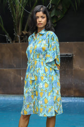 “Pallav handblock printed kaftan shirt dress in elegant floral patterns, featuring a relaxed fit and lightweight fabric, ideal for casual summer outings and beachwear.”