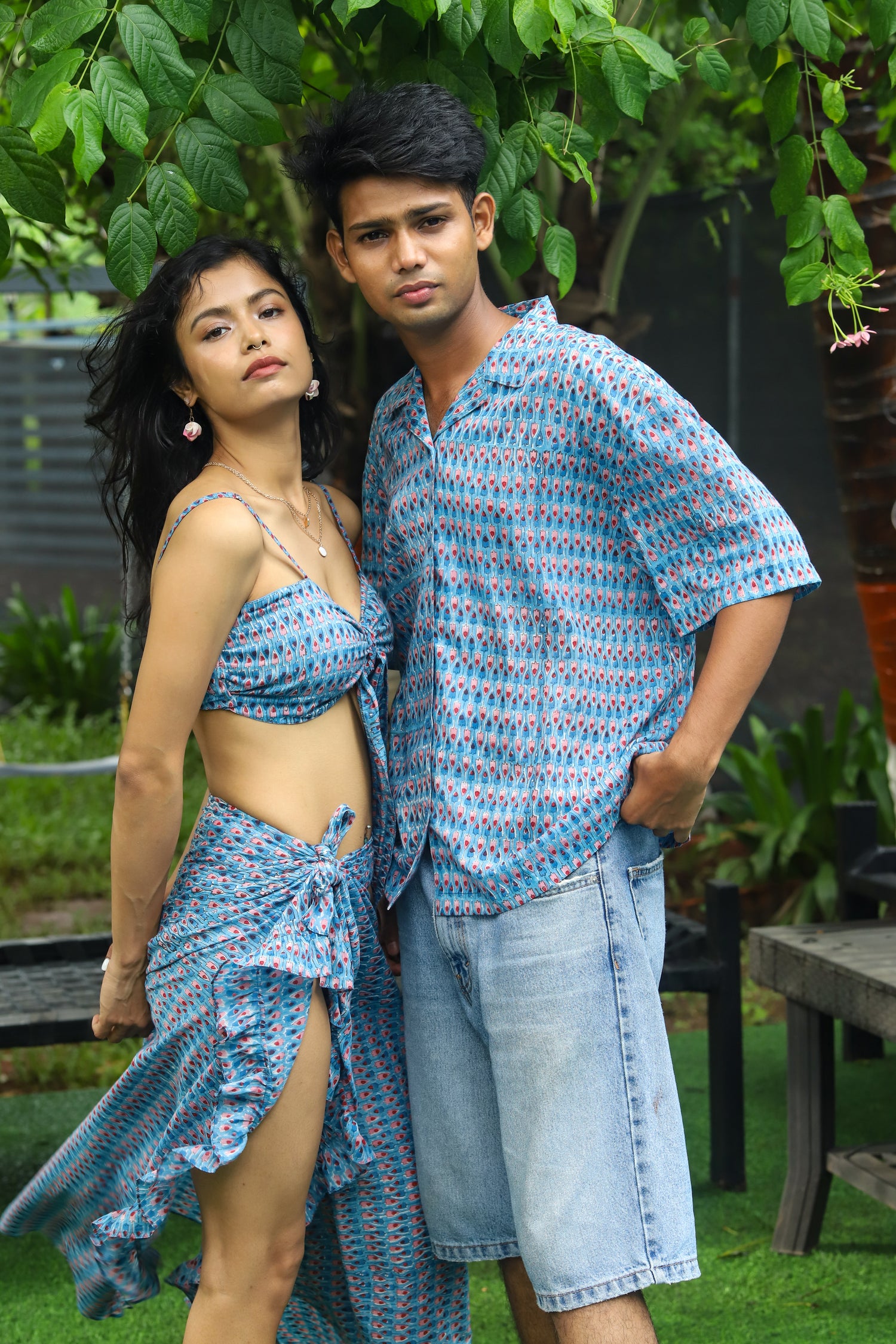 &quot;Tarang Twin Set featuring a matching unisex shirt and beach set with vibrant handblock print design, lightweight fabric, perfect for casual beachwear.&quot;

