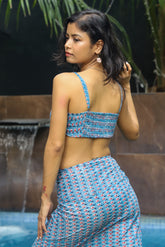 “Tarang block printed bra top and sarong set featuring intricate handblock patterns in vibrant colors, made from breathable fabric, perfect for stylish beachwear by CULTURE KRAFT.”