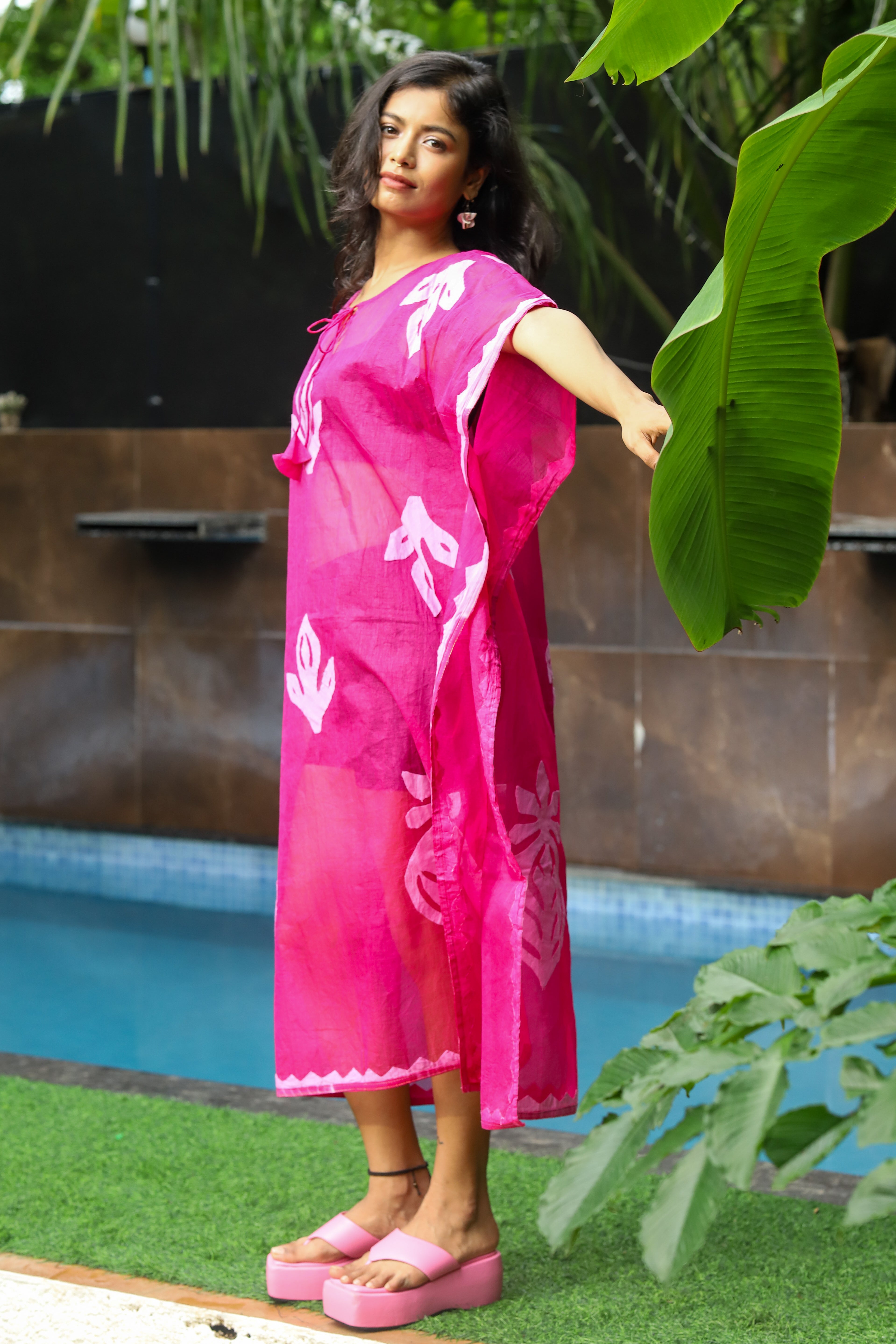 “Gulabo hand applique organdy beach kaftan featuring intricate floral embroidery, lightweight and breezy fabric perfect for summer beachwear.”