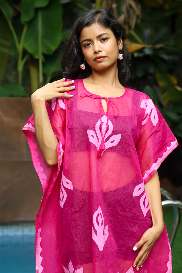 “Gulabo hand applique organdy beach kaftan featuring intricate floral embroidery, lightweight and breezy fabric perfect for summer beachwear.”