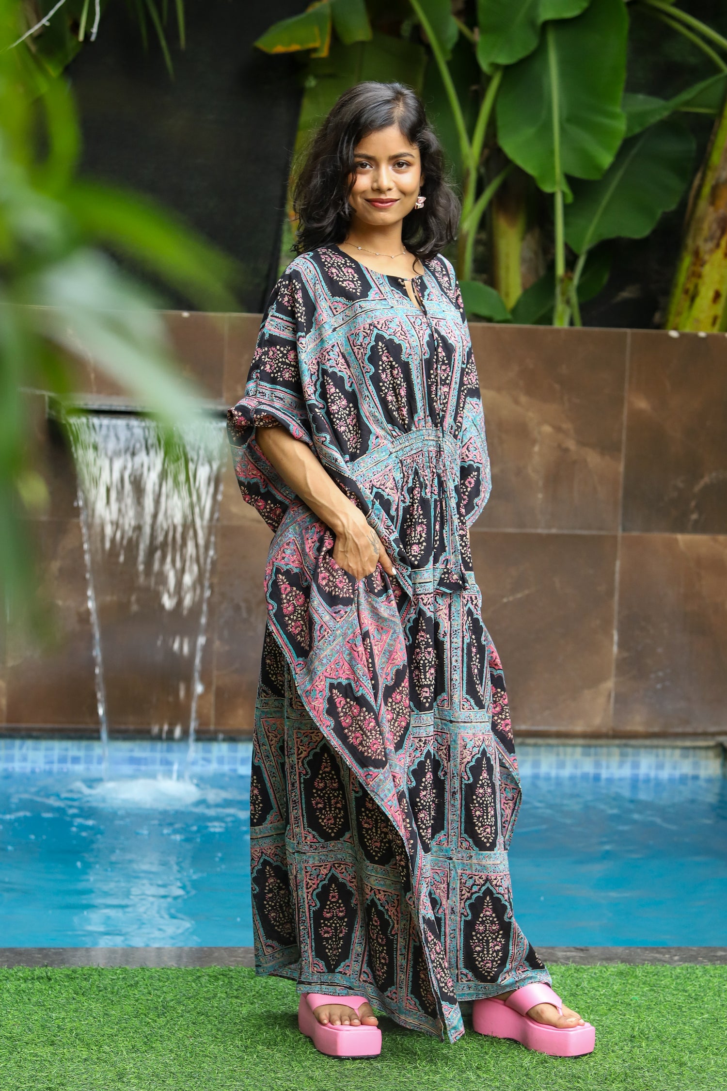 “Jharoka Handblock Printed Cotton Kaftan with intricate floral patterns, lightweight and breathable, perfect for summer days by CULTURE KRAFT.”