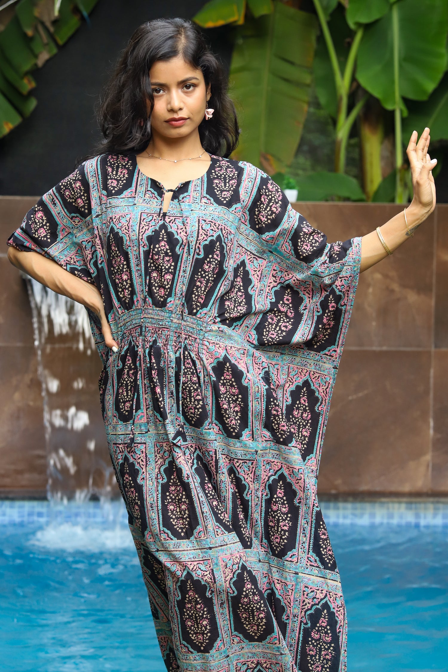 “Jharoka Handblock Printed Cotton Kaftan with intricate floral patterns, lightweight and breathable, perfect for summer days by CULTURE KRAFT.”