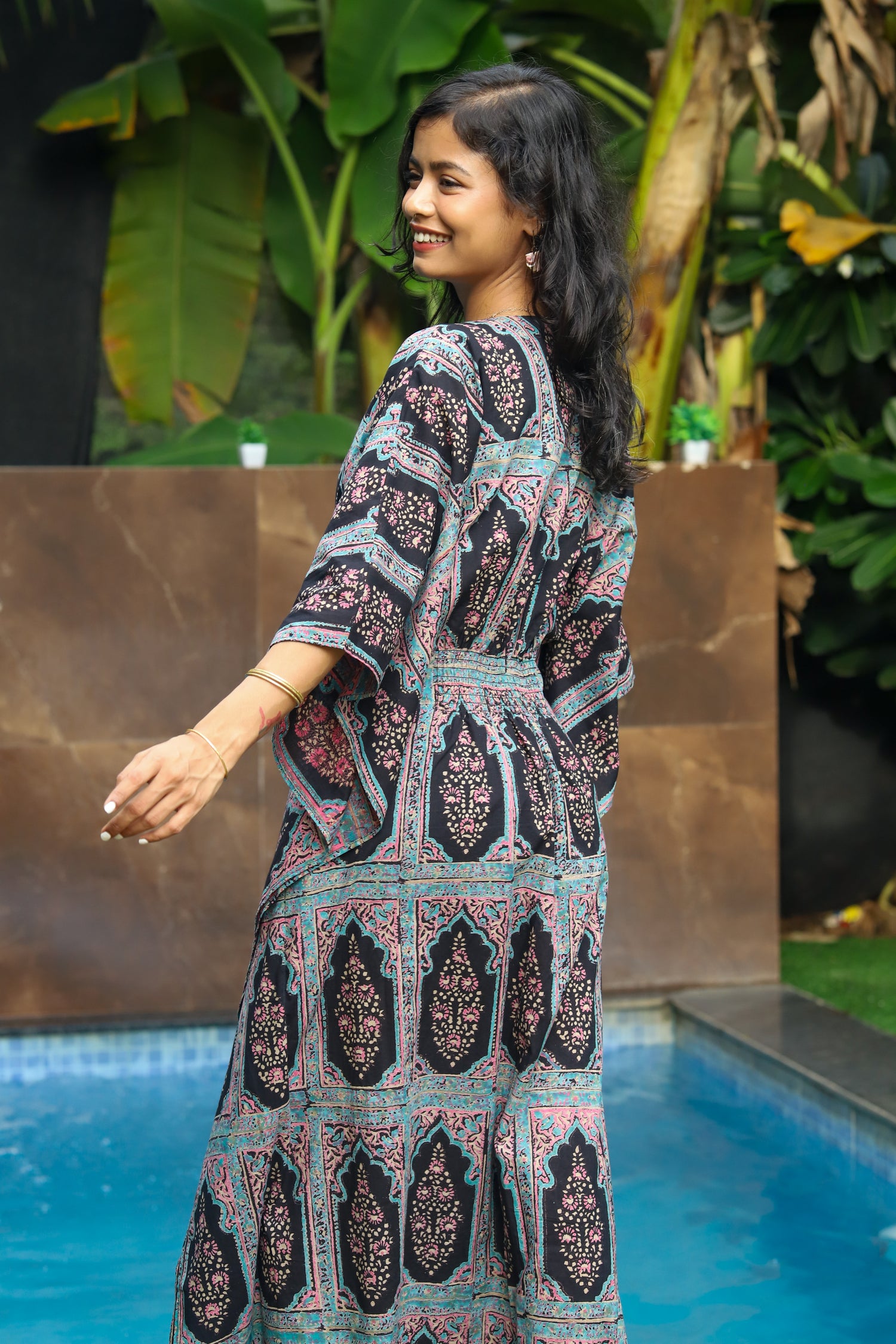 “Jharoka Handblock Printed Cotton Kaftan with intricate floral patterns, lightweight and breathable, perfect for summer days by CULTURE KRAFT.”