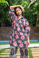 "Nilofar Tunic Shirt and Palazzos set with handblock floral print in soft cotton fabric, paired with a matching headband, ideal for elegant and comfortable casual outings by CULTURE KRAFT."