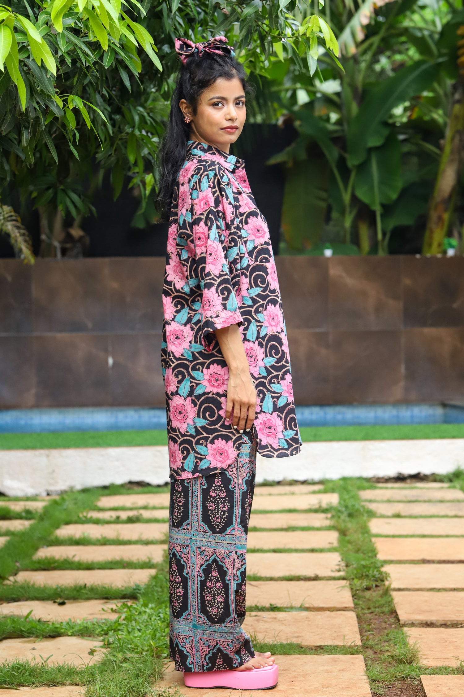 &quot;Nilofar Tunic Shirt and Palazzos set with handblock floral print in soft cotton fabric, paired with a matching headband, ideal for elegant and comfortable casual outings by CULTURE KRAFT.&quot;