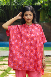 “Dilbahar Mandarin Collar Kaftan Shirt in vibrant floral print, made from breathable fabric, perfect for stylish summer outings by CULTURE KRAFT.”