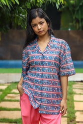 “Dhaari handblock printed unisex shirt with striped design, lightweight fabric, ideal for casual wear, by CULTURE KRAFT.”