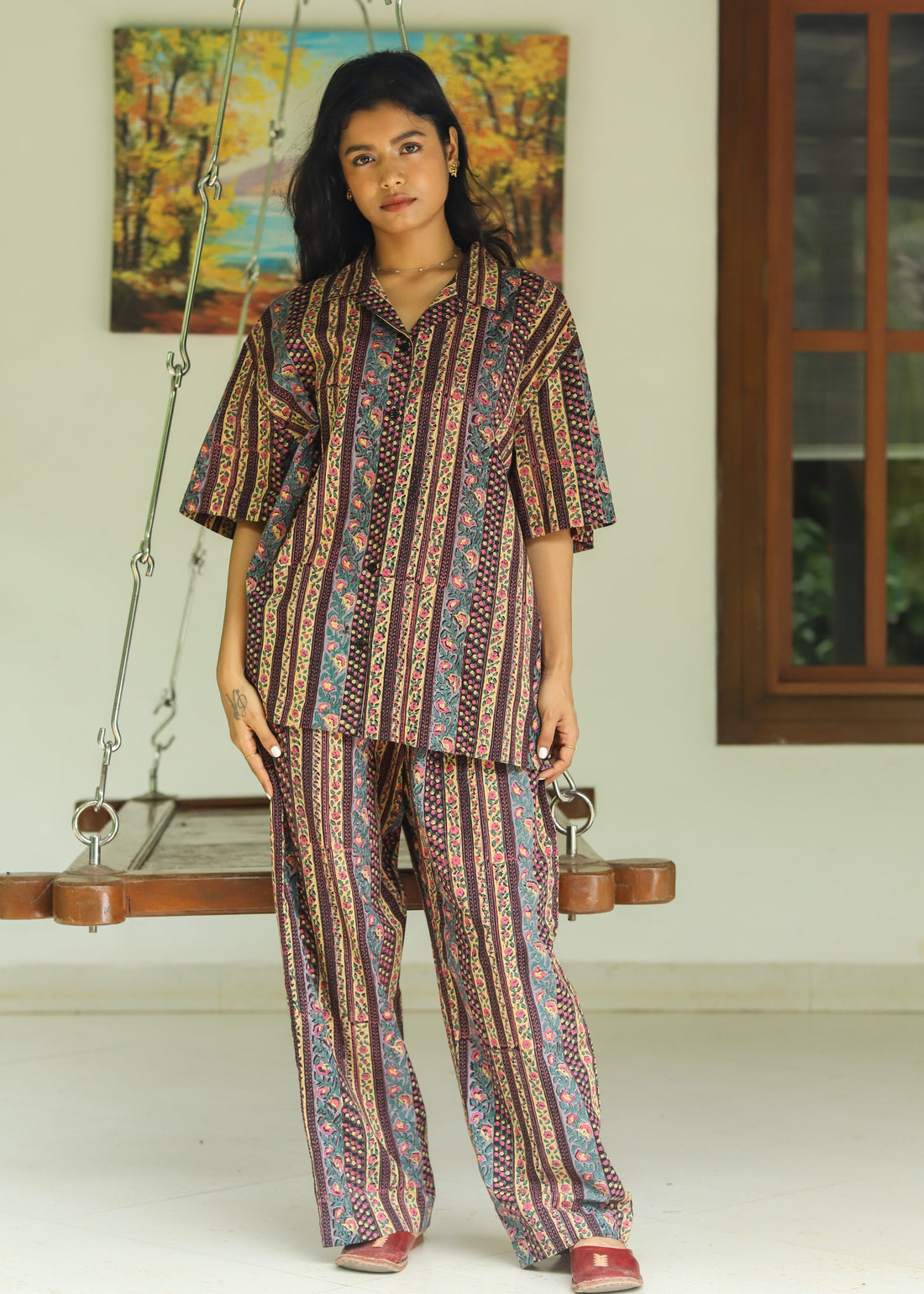 Set of 2 featuring a Naqsh Resort Shirt with intricate prints and matching palazzos, ideal for stylish summer outings.