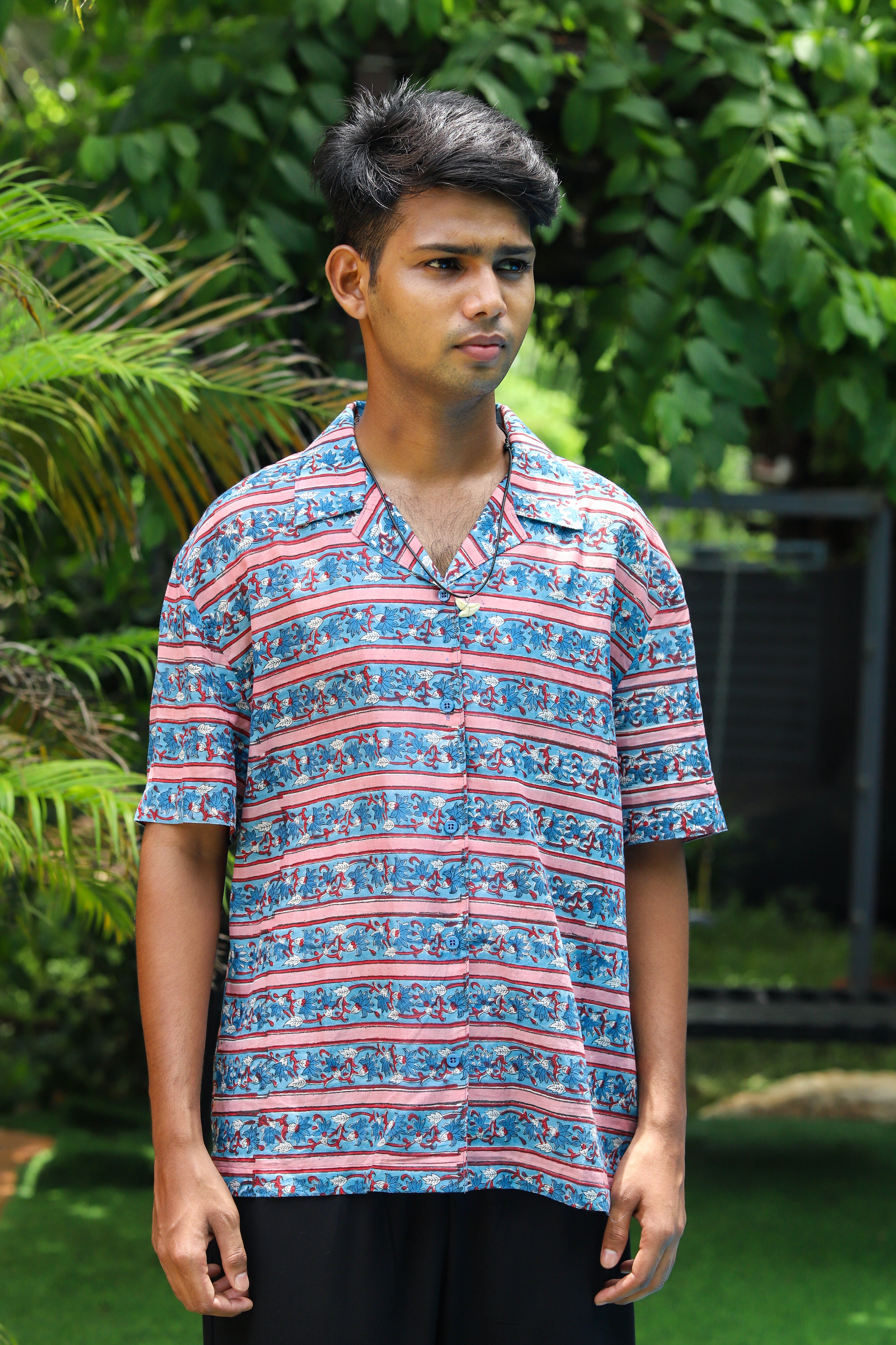 “Dhaari handblock printed unisex shirt with striped design, lightweight fabric, ideal for casual wear, by CULTURE KRAFT.”