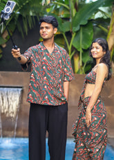 “Pravah unisex twin set featuring a casual beach shirt and matching shorts, in a vibrant print perfect for summer outings and beachwear.”