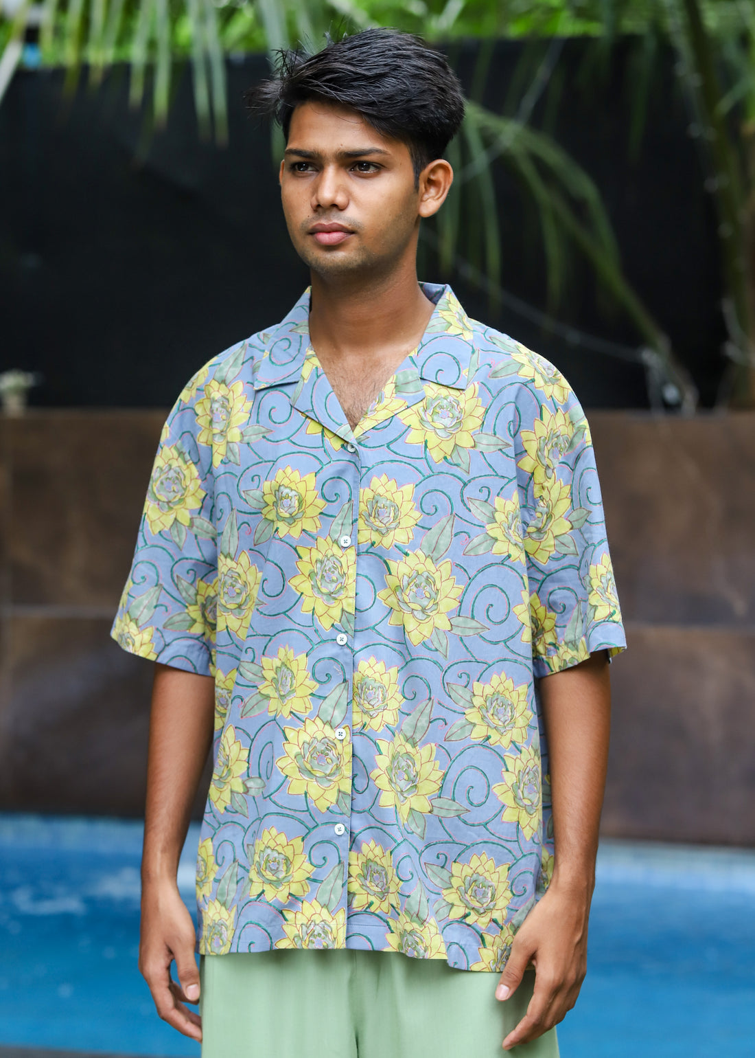 &quot;Kamal handblock printed unisex shirt with floral motifs, crafted in soft cotton, versatile casual wear by CULTURE KRAFT.&quot;