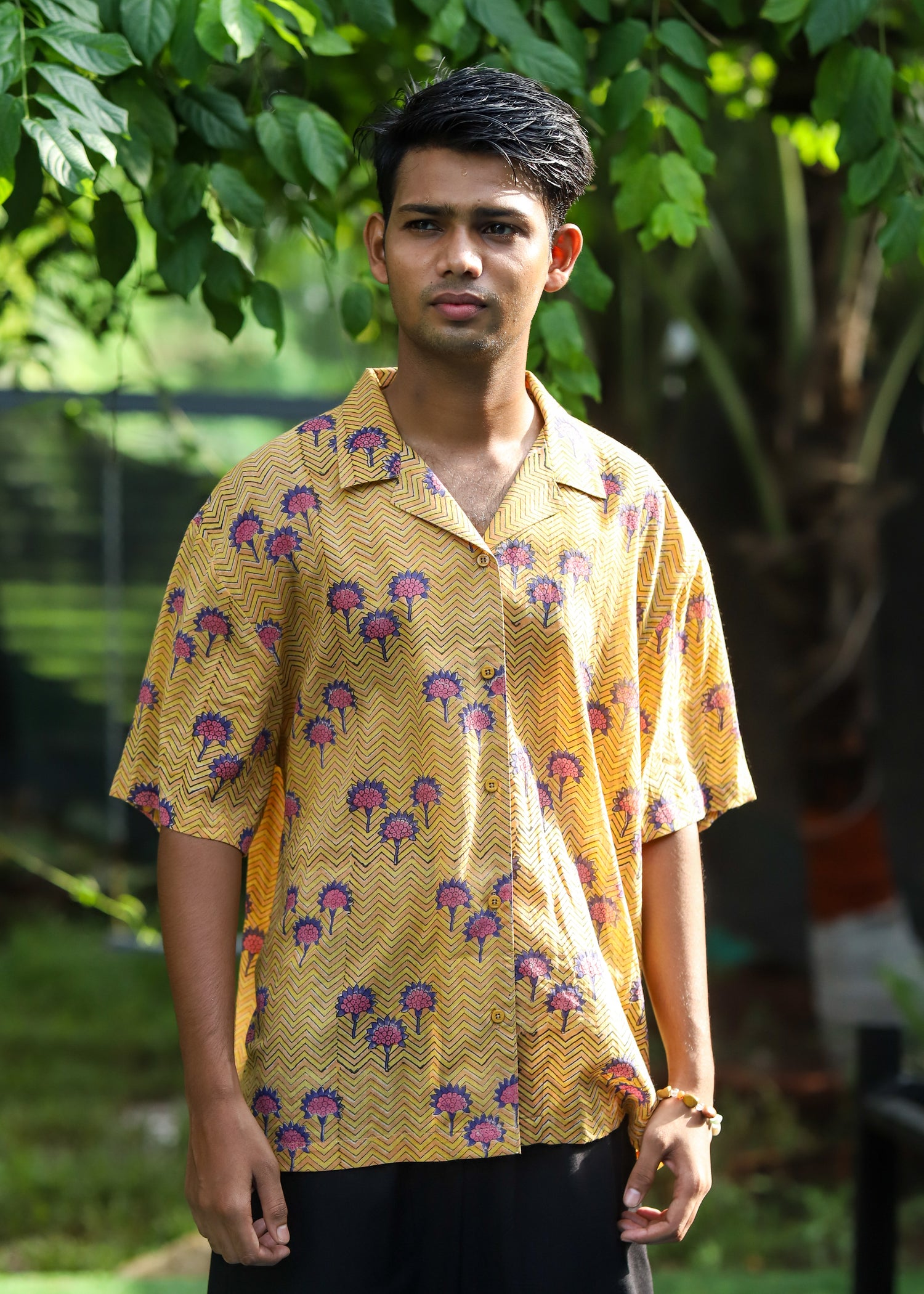 “Lehar handblock printed unisex shirt with wave pattern, handcrafted on breathable cotton fabric by CULTURE KRAFT.”