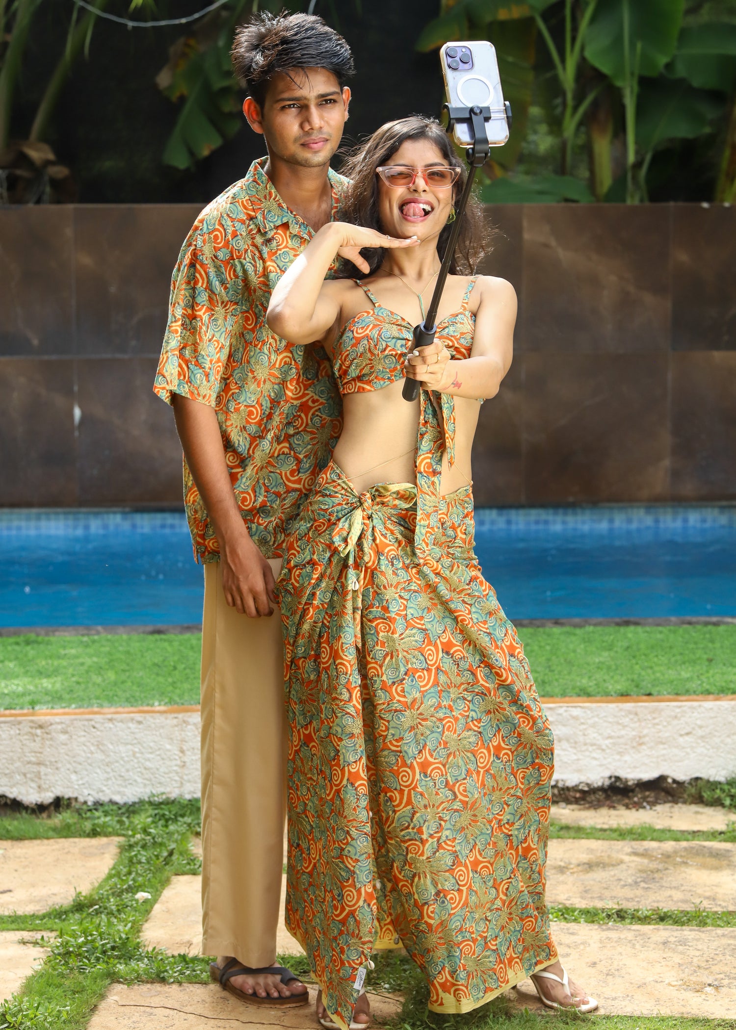 “Rangrez Twin Set: Unisex shirt and beachwear set featuring vibrant handblock prints, ideal for relaxed beach outings. Lightweight and stylish, perfect for summer vacations by CULTURE KRAFT.”