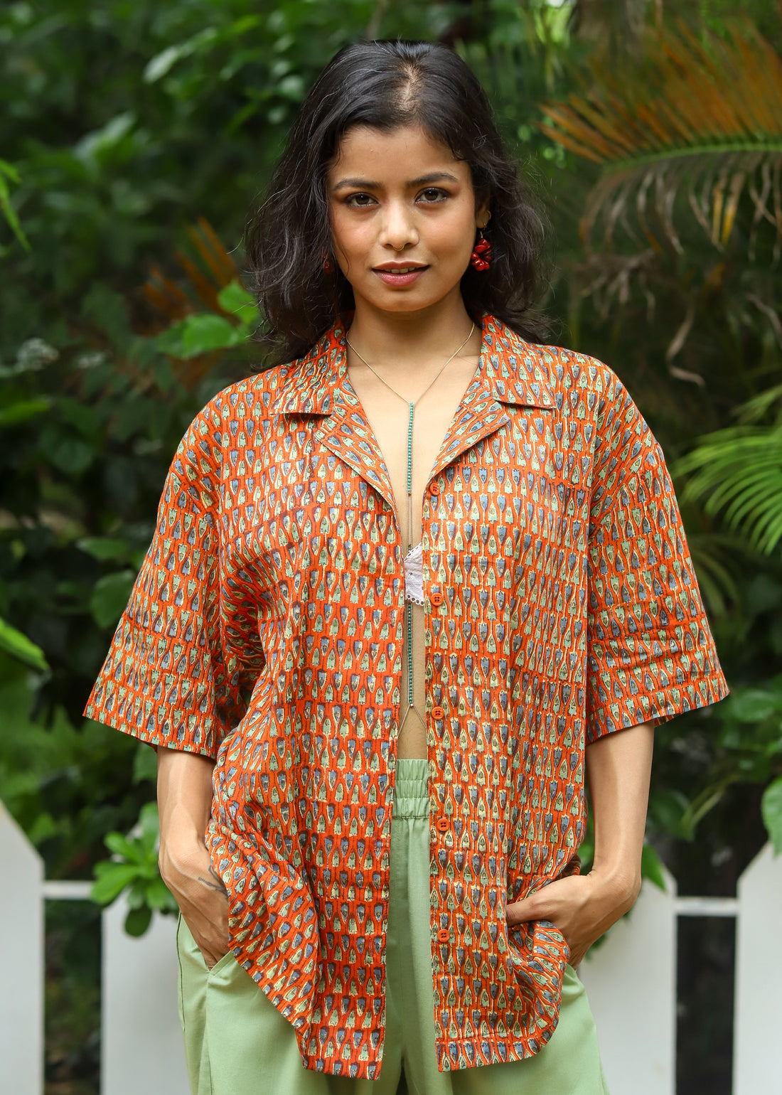 “Umang handblock printed unisex shirt with traditional Indian motifs, lightweight and breathable fabric, perfect for casual wear by CULTURE KRAFT.”