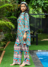 “Set of 2 Parwan tunic shirt and palazzos with matching headband, featuring handblock floral print in lightweight fabric, ideal for casual and festive wear.”