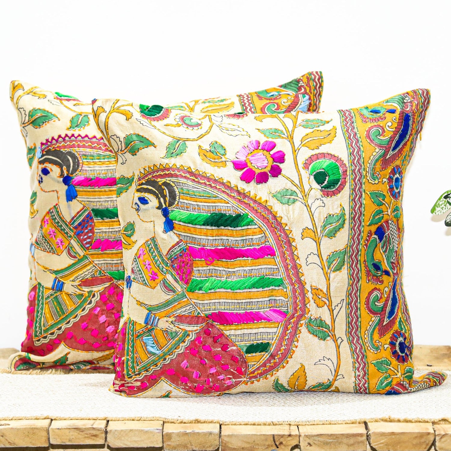 BHUMIJA - Block Printed and Hand Embroidered Cushion Cover (18x18)