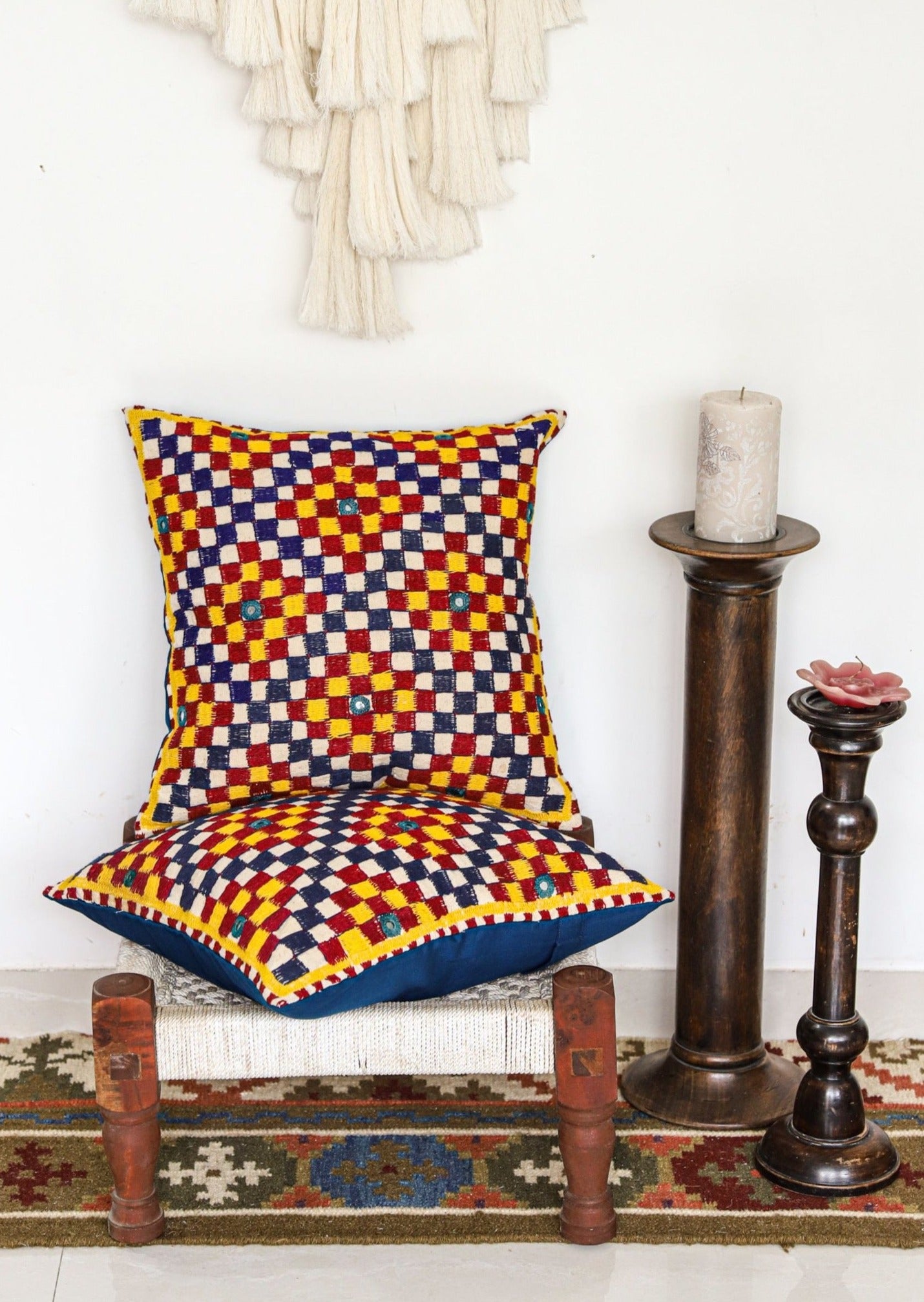 &quot;DARPAN - 16x16 cushion cover featuring intricate vintage Kutch embroidery in vibrant colors, adding a touch of traditional elegance to your home décor.&quot;