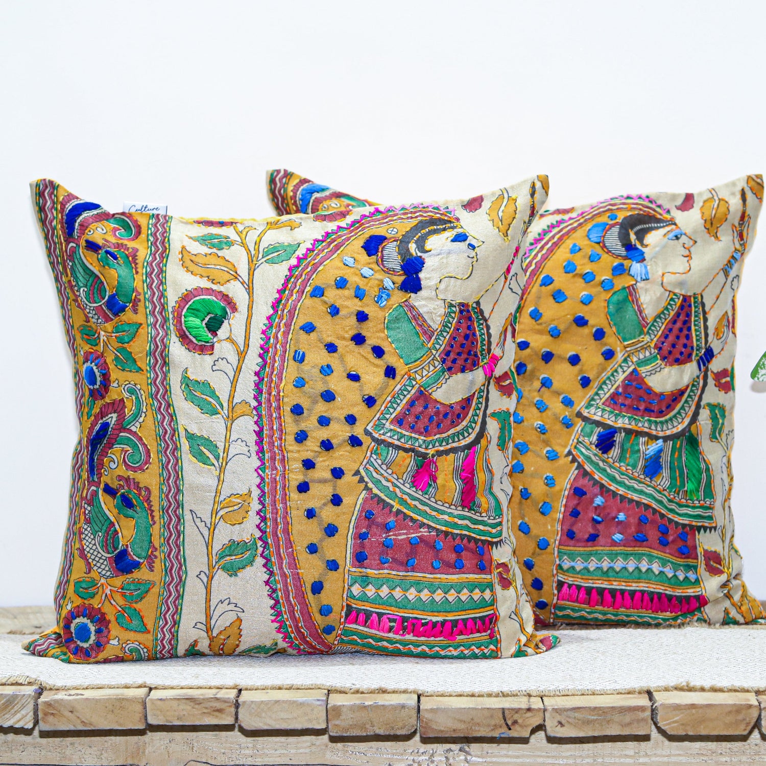 BHUMIJA - Block Printed and Hand Embroidered Cushion Cover (18x18)