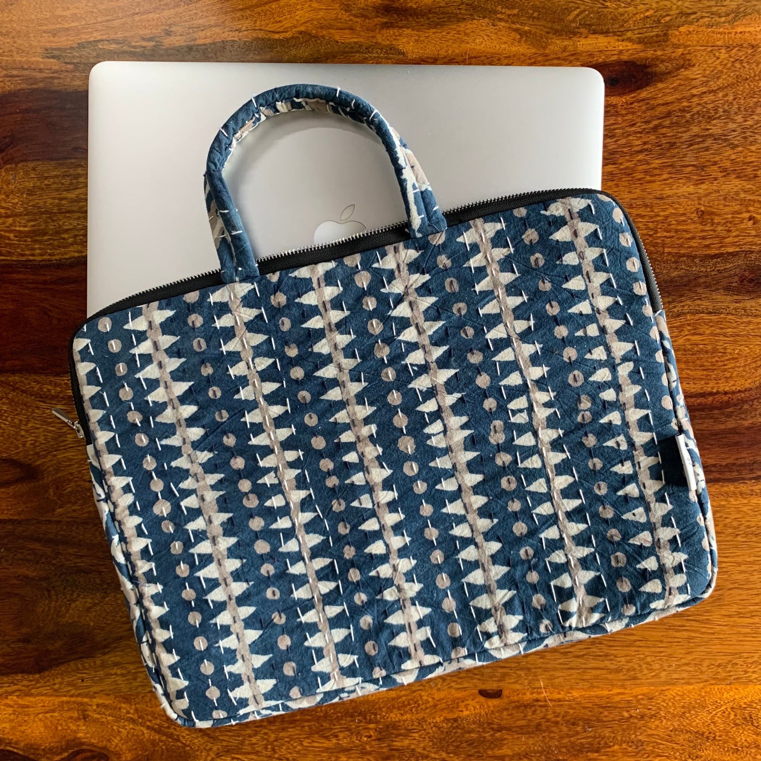 &quot;AVNI - Dabu Handblock Printed Indigo Laptop Bag featuring traditional indigo patterns, handcrafted with eco-friendly materials, designed for style and functionality.&quot;