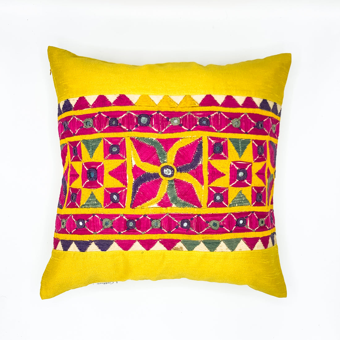 &quot;Vintage Kutch embroidery panel cushion cover featuring intricate traditional designs in vibrant colors, available in sizes 16x16 and 18x18 inches. Perfect for adding a touch of ethnic charm to your home decor.&quot;