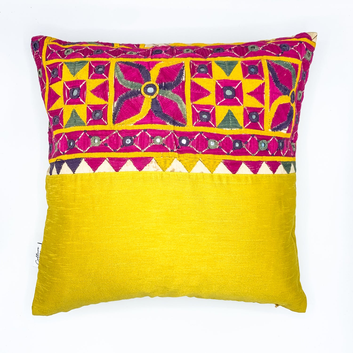 &quot;Vintage Kutch embroidery panel cushion cover featuring intricate traditional designs in vibrant colors, available in sizes 16x16 and 18x18 inches. Perfect for adding a touch of ethnic charm to your home decor.&quot;